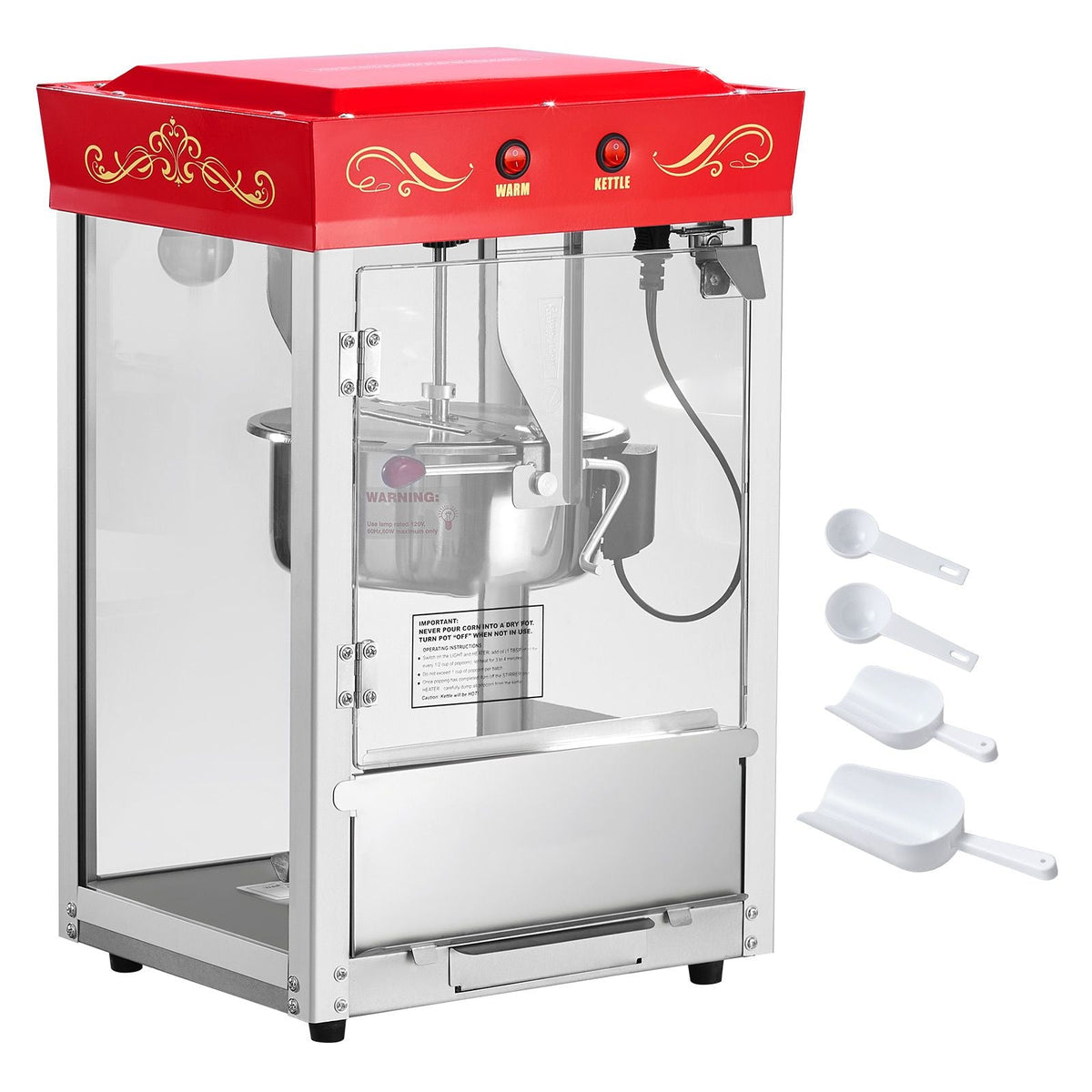 Popcorn Machine, 8oz Stainless Steel Kettle, 800W Commercial Countertop Popcorn Maker, 48 Cups per Batch Theater Style Popper, with 2-Button Control Glass Wall PC Door 1 Scoop 3 Spoons, Red