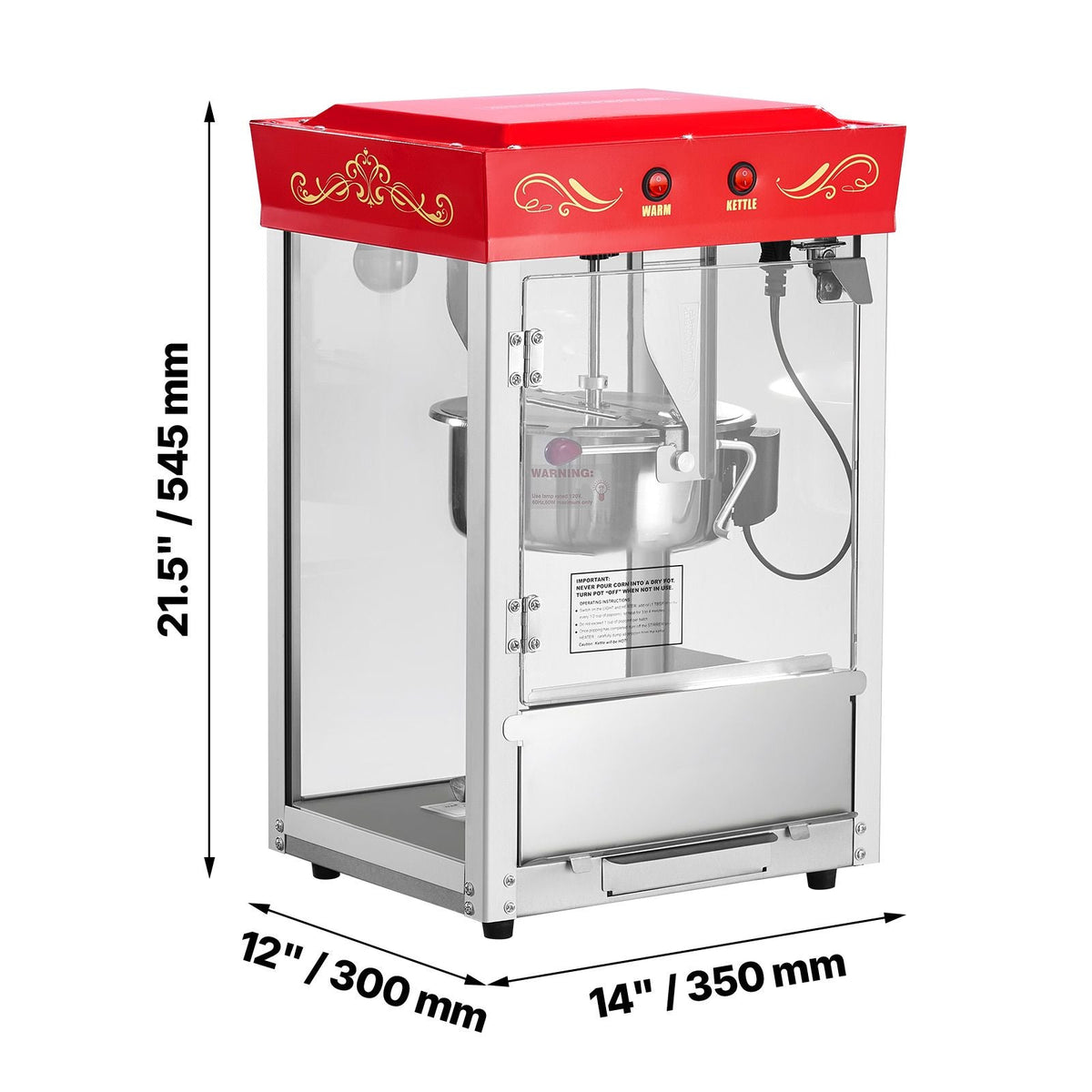 Popcorn Machine, 8oz Stainless Steel Kettle, 800W Commercial Countertop Popcorn Maker, 48 Cups per Batch Theater Style Popper, with 2-Button Control Glass Wall PC Door 1 Scoop 3 Spoons, Red