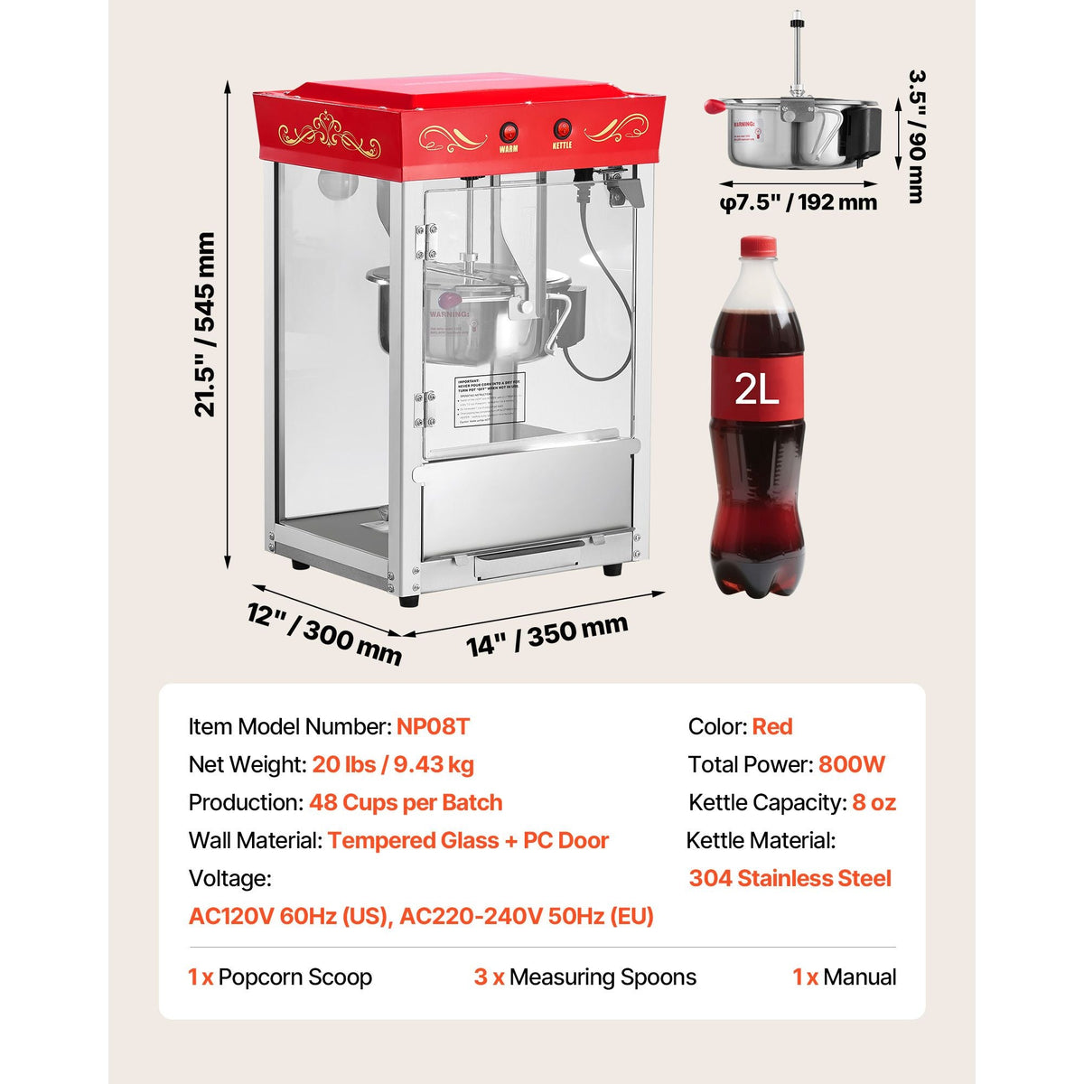 Popcorn Machine, 8oz Stainless Steel Kettle, 800W Commercial Countertop Popcorn Maker, 48 Cups per Batch Theater Style Popper, with 2-Button Control Glass Wall PC Door 1 Scoop 3 Spoons, Red