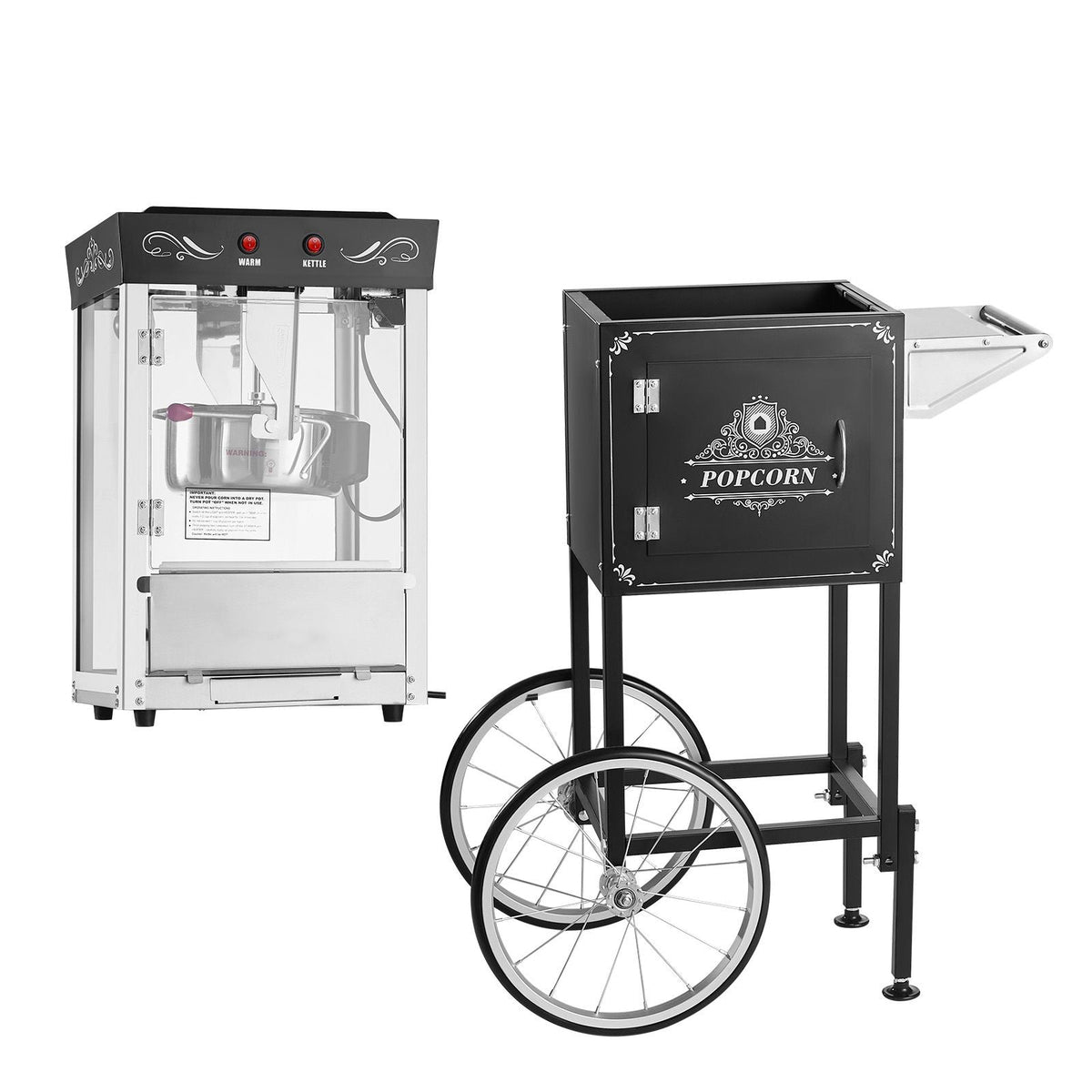 Popcorn Machine with Cart, 8oz Stainless Steel Kettle, 800W Commercial Popcorn Maker, 48 Cups per Batch Theater Style Popper, with 2-Button Control Glass Wall PC Door 1 Scoop 3 Spoons, Black