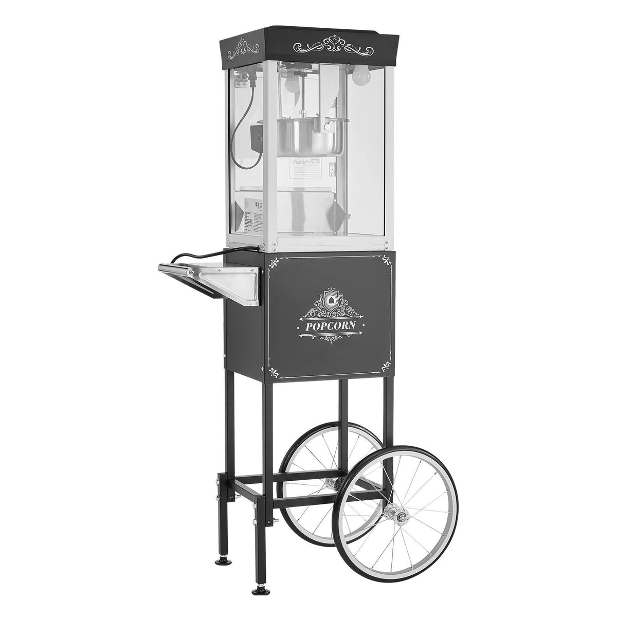 Popcorn Machine with Cart, 8oz Stainless Steel Kettle, 800W Commercial Popcorn Maker, 48 Cups per Batch Theater Style Popper, with 2-Button Control Glass Wall PC Door 1 Scoop 3 Spoons, Black