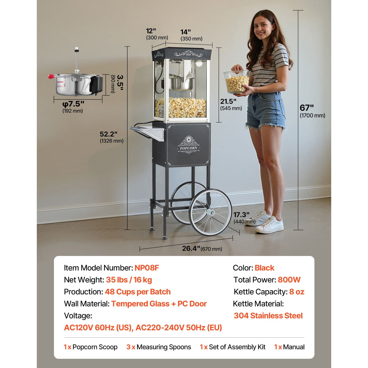 Popcorn Machine with Cart, 8oz Stainless Steel Kettle, 800W Commercial Popcorn Maker, 48 Cups per Batch Theater Style Popper, with 2-Button Control Glass Wall PC Door 1 Scoop 3 Spoons, Black