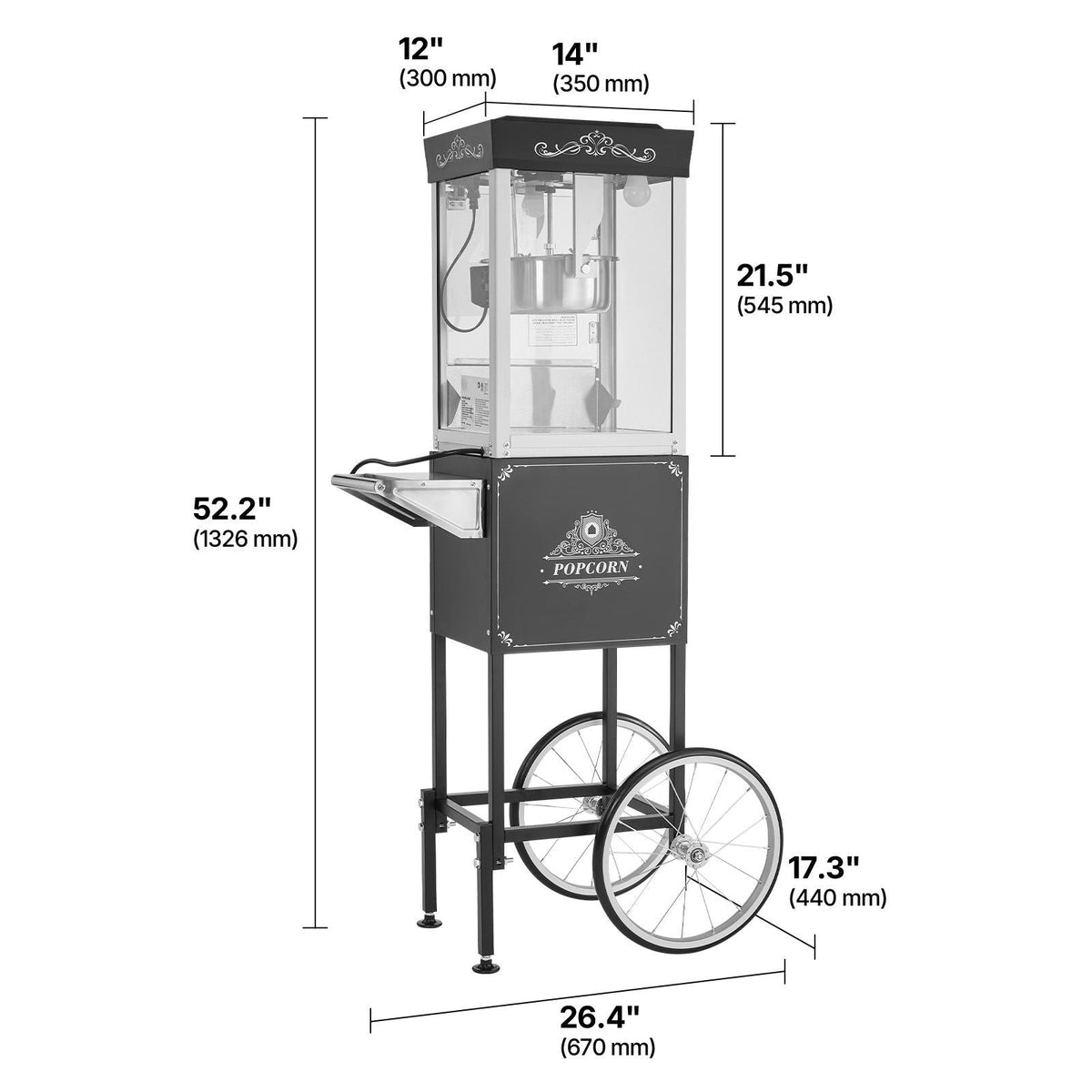 Popcorn Machine with Cart, 8oz Stainless Steel Kettle, 800W Commercial Popcorn Maker, 48 Cups per Batch Theater Style Popper, with 2-Button Control Glass Wall PC Door 1 Scoop 3 Spoons, Black