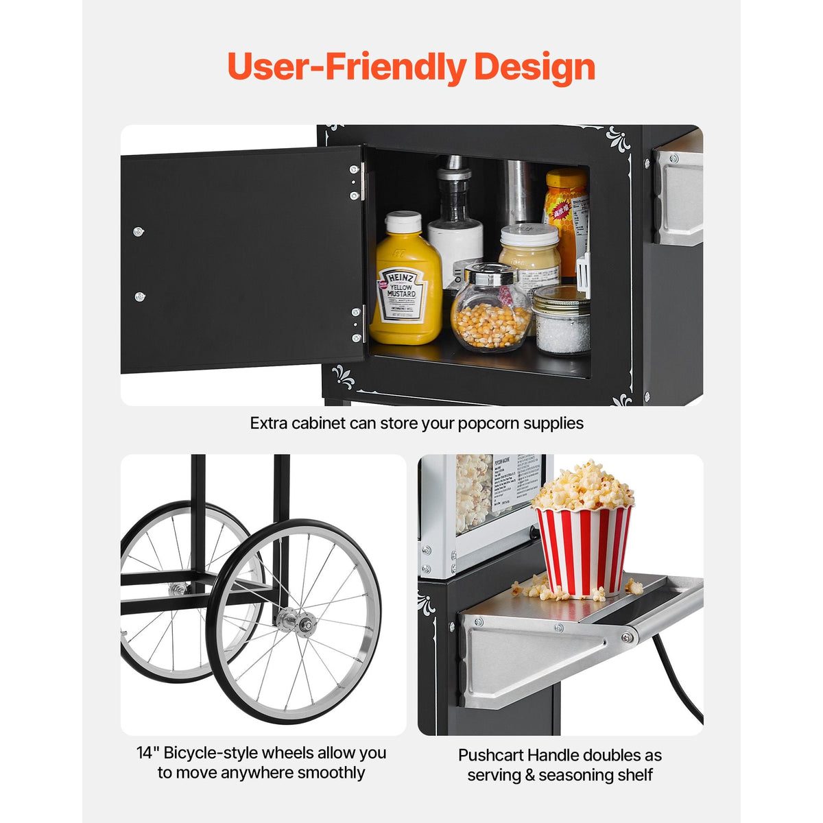 Popcorn Machine with Cart, 8oz Stainless Steel Kettle, 800W Commercial Popcorn Maker, 48 Cups per Batch Theater Style Popper, with 2-Button Control Glass Wall PC Door 1 Scoop 3 Spoons, Black