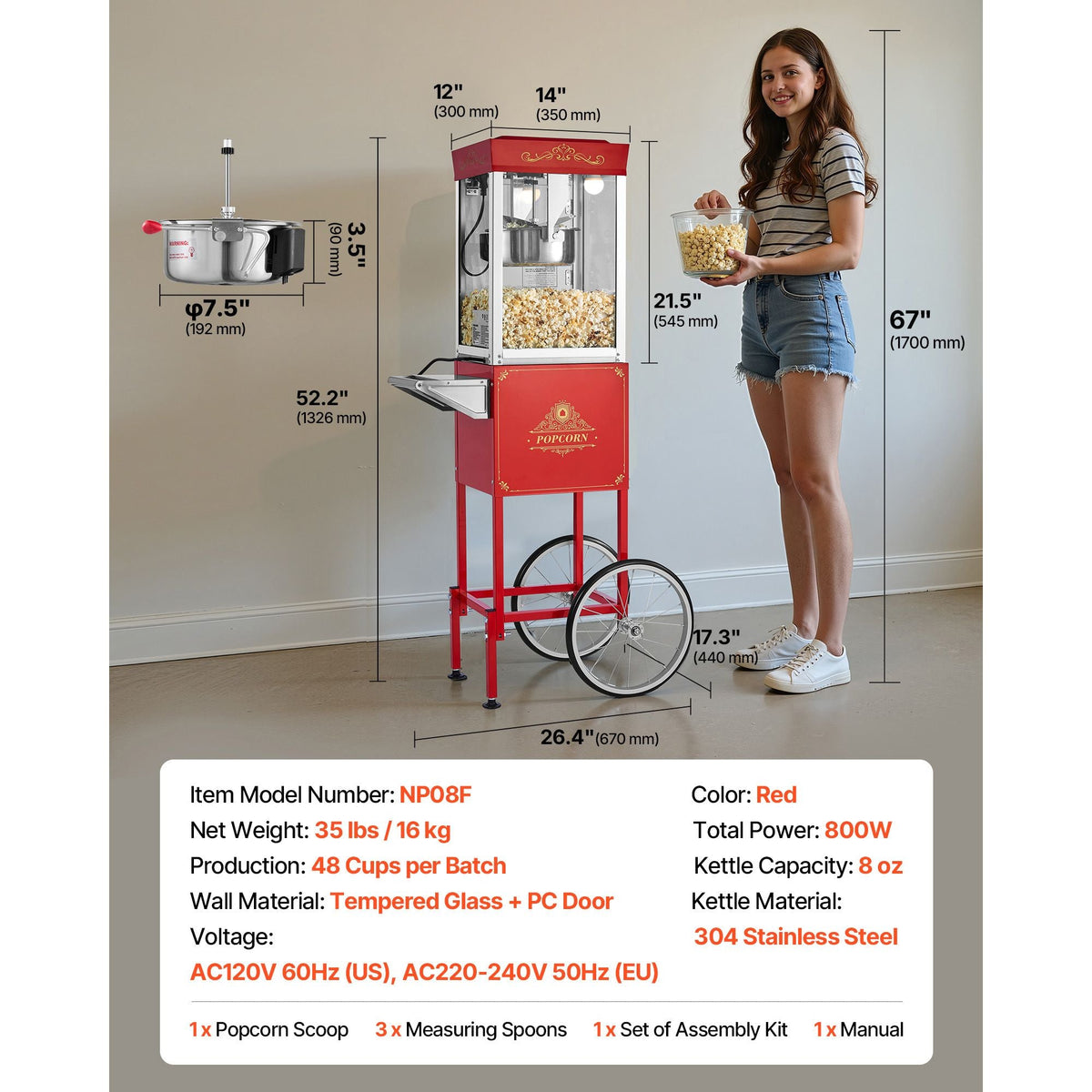 Popcorn Machine with Cart, 8oz Stainless Steel Kettle, 800W Commercial Popcorn Maker, 48 Cups per Batch Theater Style Popper, with 2-Button Control Glass Wall PC Door 1 Scoop 3 Spoons, Red