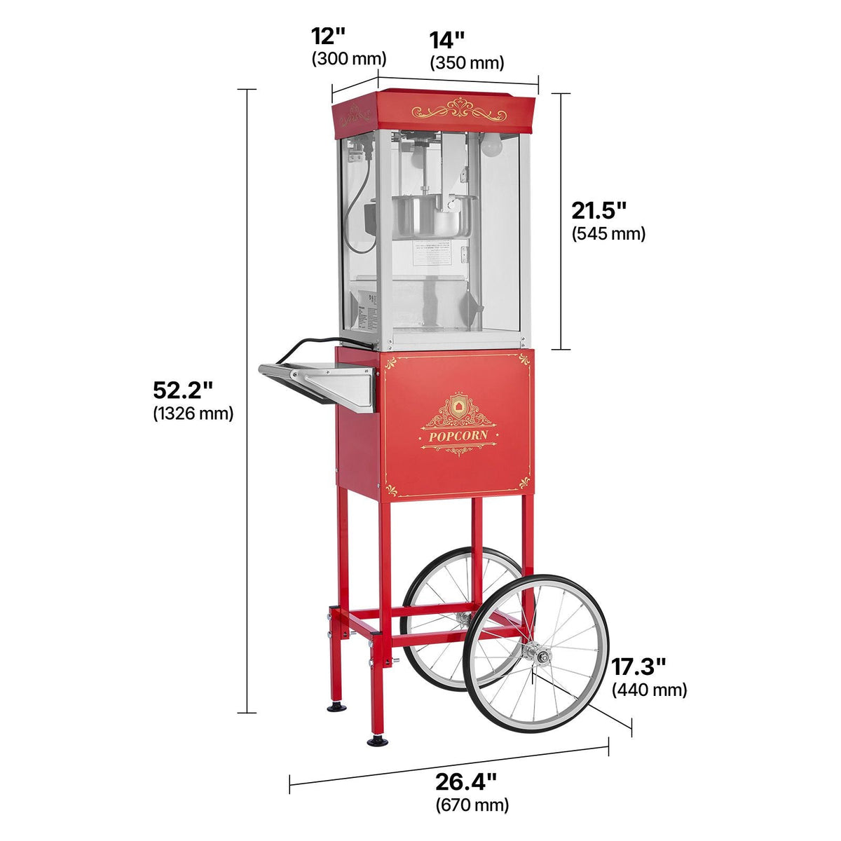 Popcorn Machine with Cart, 8oz Stainless Steel Kettle, 800W Commercial Popcorn Maker, 48 Cups per Batch Theater Style Popper, with 2-Button Control Glass Wall PC Door 1 Scoop 3 Spoons, Red