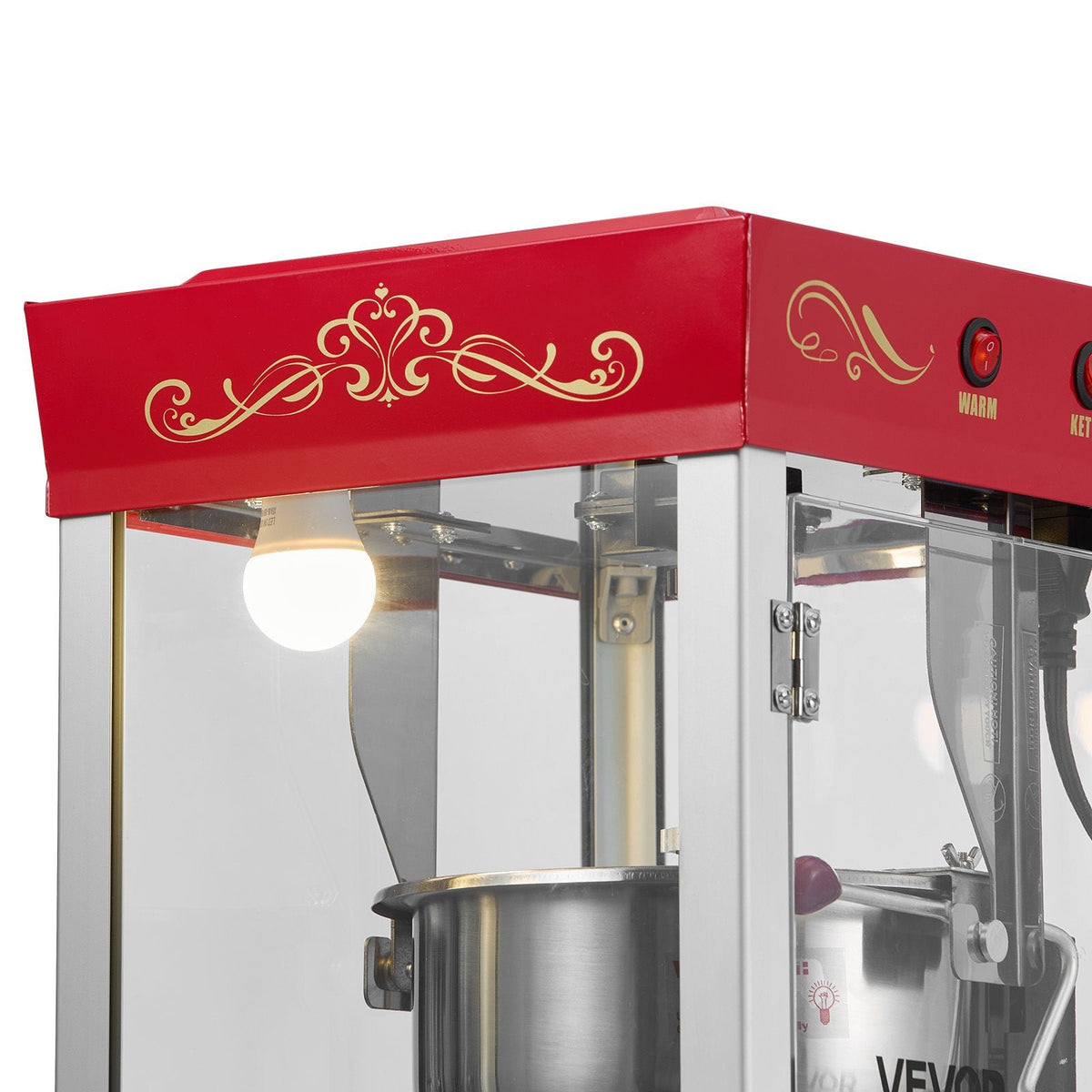 Popcorn Machine with Cart, 8oz Stainless Steel Kettle, 800W Commercial Popcorn Maker, 48 Cups per Batch Theater Style Popper, with 2-Button Control Glass Wall PC Door 1 Scoop 3 Spoons, Red