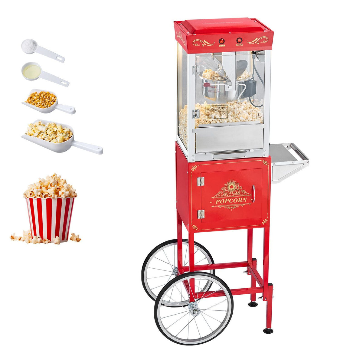 Popcorn Machine with Cart, 8oz Stainless Steel Kettle, 800W Commercial Popcorn Maker, 48 Cups per Batch Theater Style Popper, with 2-Button Control Glass Wall PC Door 1 Scoop 3 Spoons, Red