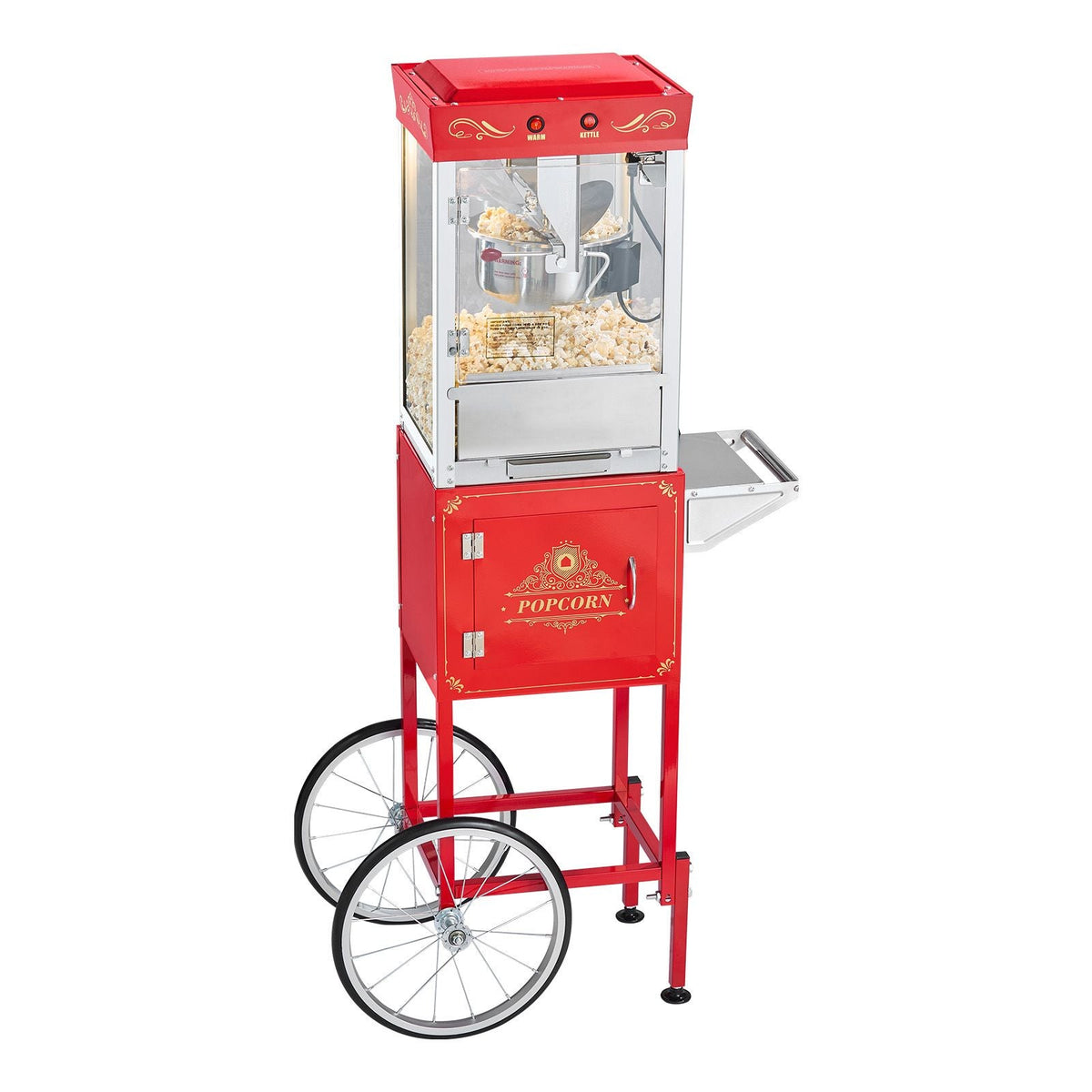 Popcorn Machine with Cart, 8oz Stainless Steel Kettle, 800W Commercial Popcorn Maker, 48 Cups per Batch Theater Style Popper, with 2-Button Control Glass Wall PC Door 1 Scoop 3 Spoons, Red