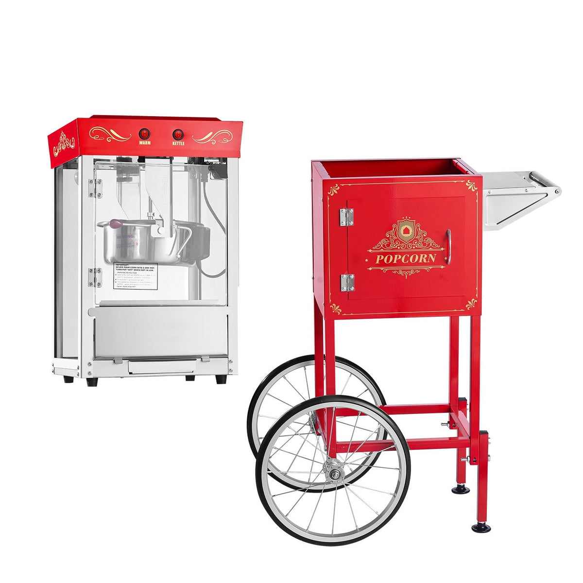 Popcorn Machine with Cart, 8oz Stainless Steel Kettle, 800W Commercial Popcorn Maker, 48 Cups per Batch Theater Style Popper, with 2-Button Control Glass Wall PC Door 1 Scoop 3 Spoons, Red