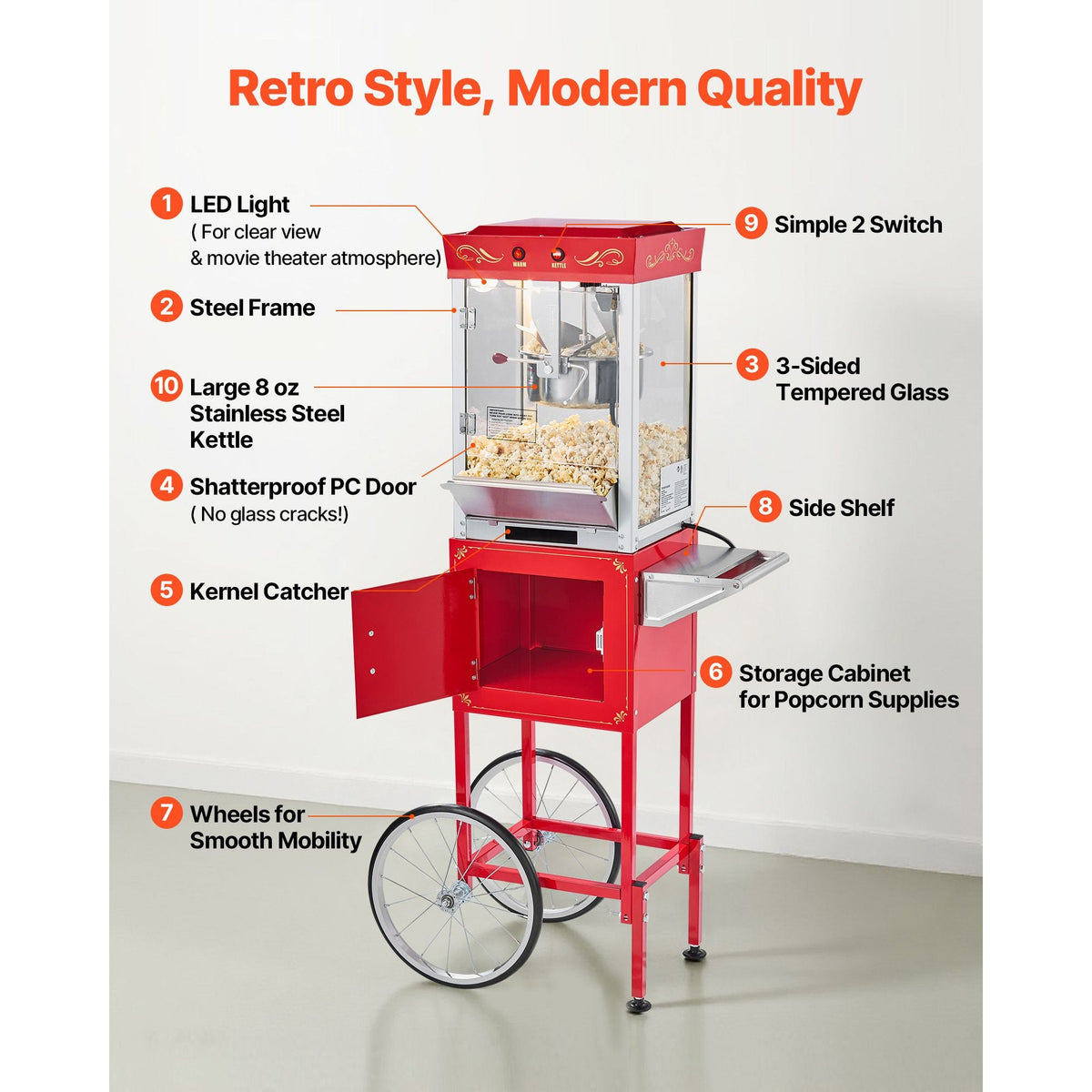 Popcorn Machine with Cart, 8oz Stainless Steel Kettle, 800W Commercial Popcorn Maker, 48 Cups per Batch Theater Style Popper, with 2-Button Control Glass Wall PC Door 1 Scoop 3 Spoons, Red