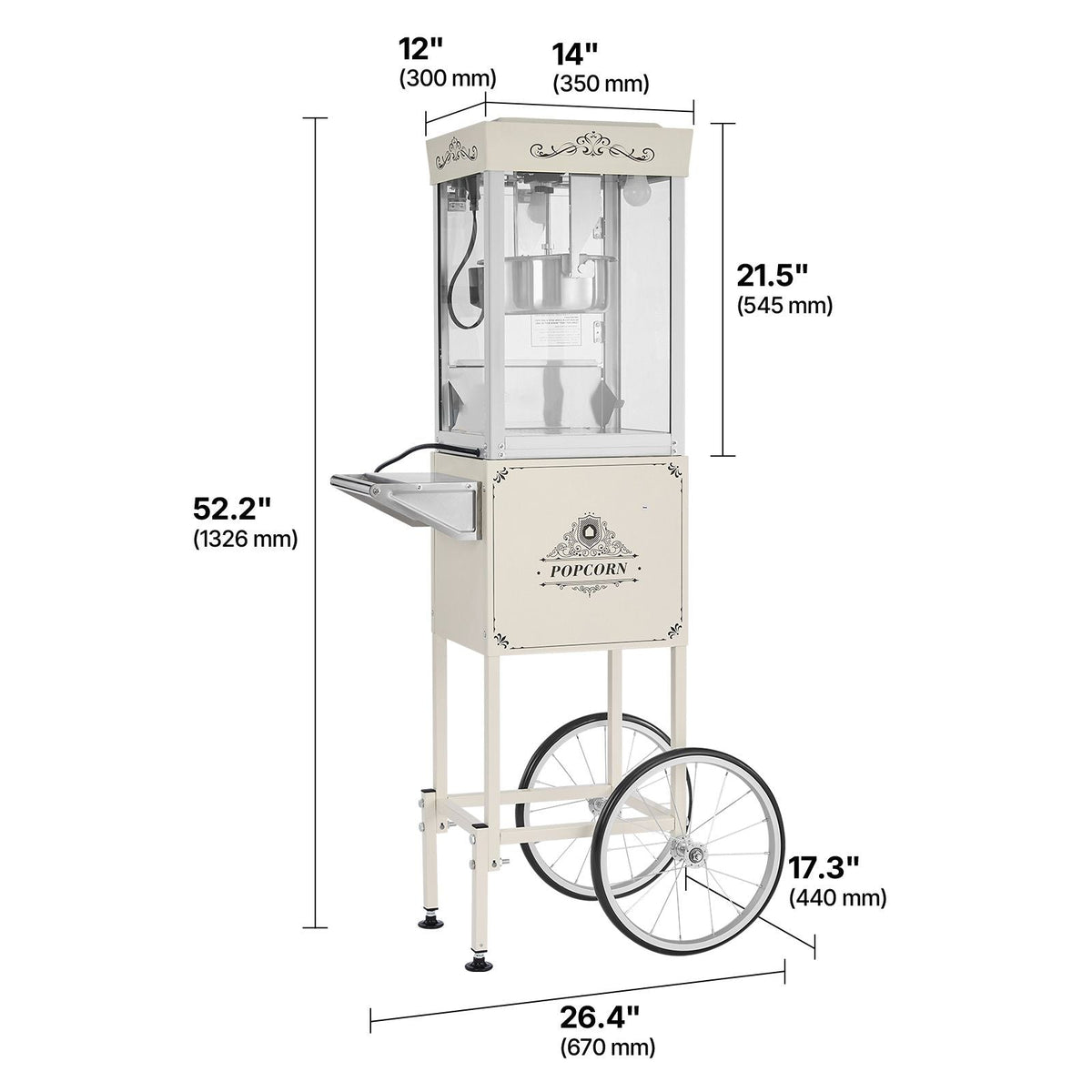 Popcorn Machine with Cart, 8oz Stainless Steel Kettle, 800W Commercial Popcorn Maker, 48 Cups per Batch Theater Style Popper, with 2-Button Control Glass Wall PC Door 1 Scoop 3 Spoons, White