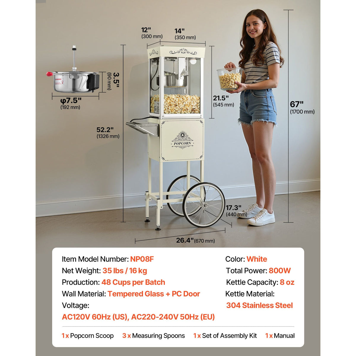 Popcorn Machine with Cart, 8oz Stainless Steel Kettle, 800W Commercial Popcorn Maker, 48 Cups per Batch Theater Style Popper, with 2-Button Control Glass Wall PC Door 1 Scoop 3 Spoons, White