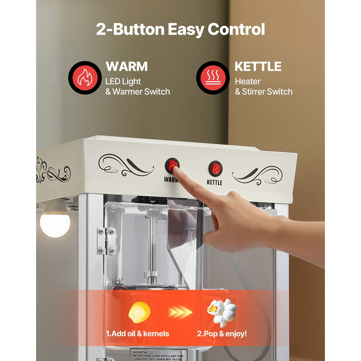 Popcorn Machine with Cart, 8oz Stainless Steel Kettle, 800W Commercial Popcorn Maker, 48 Cups per Batch Theater Style Popper, with 2-Button Control Glass Wall PC Door 1 Scoop 3 Spoons, White
