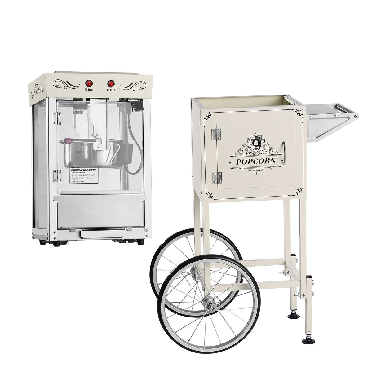 Popcorn Machine with Cart, 8oz Stainless Steel Kettle, 800W Commercial Popcorn Maker, 48 Cups per Batch Theater Style Popper, with 2-Button Control Glass Wall PC Door 1 Scoop 3 Spoons, White