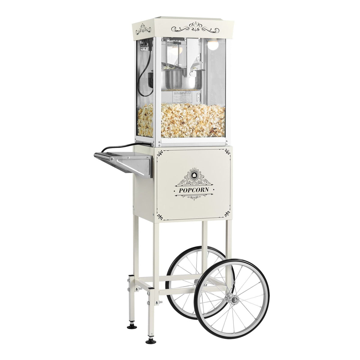 Popcorn Machine with Cart, 8oz Stainless Steel Kettle, 800W Commercial Popcorn Maker, 48 Cups per Batch Theater Style Popper, with 2-Button Control Glass Wall PC Door 1 Scoop 3 Spoons, White
