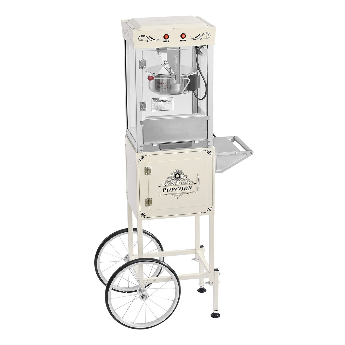 Popcorn Machine with Cart, 8oz Stainless Steel Kettle, 800W Commercial Popcorn Maker, 48 Cups per Batch Theater Style Popper, with 2-Button Control Glass Wall PC Door 1 Scoop 3 Spoons, White