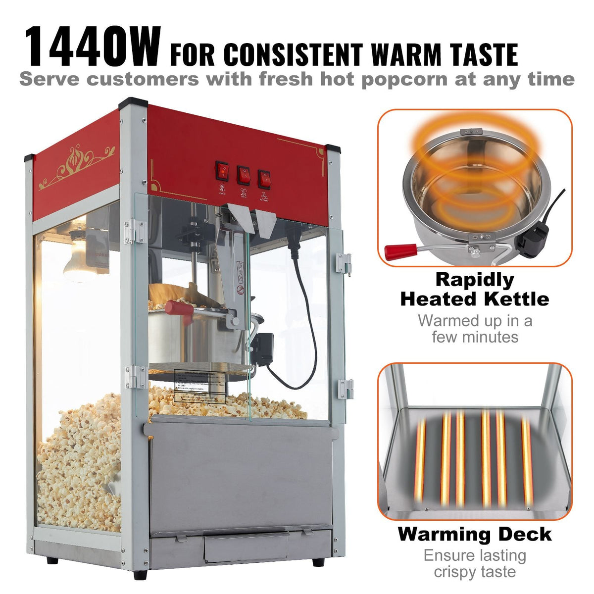 Popcorn Maker, 1440W Popcorn Popper Machine, 12 Oz Kettle Makes 80 Cups per Batch, Countertop Popcorn Maker with Tempered Glass, 3 Stainless Steel Scoops, Movie Theater Style, Red