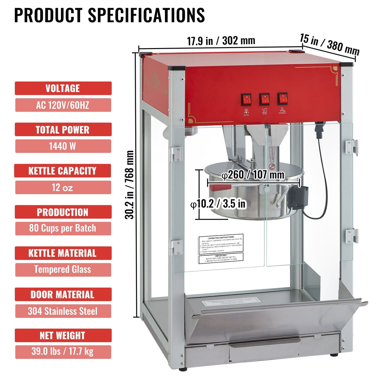 Popcorn Maker, 1440W Popcorn Popper Machine, 12 Oz Kettle Makes 80 Cups per Batch, Countertop Popcorn Maker with Tempered Glass, 3 Stainless Steel Scoops, Movie Theater Style, Red