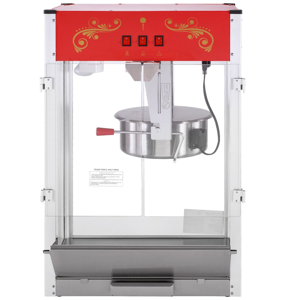 Popcorn Maker, 1615W Popcorn Popper Machine, 16 Oz Kettle Large Capacity Countertop Popcorn Maker with Tempered Glass, Includes 3 Stainless Steel Scoops, Movie Theater Style, Red