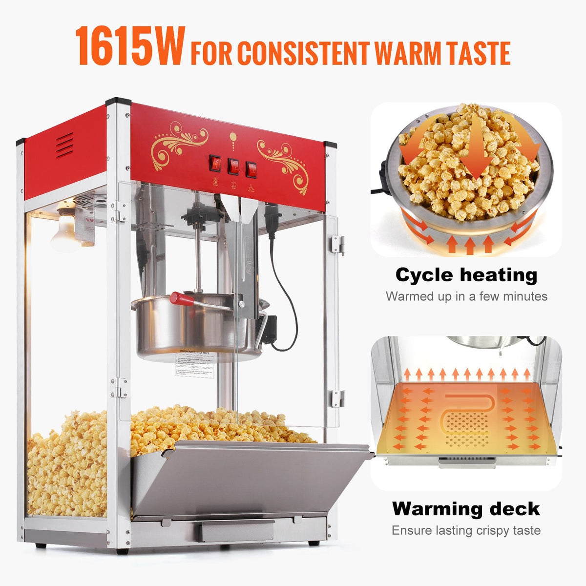 Popcorn Maker, 1615W Popcorn Popper Machine, 16 Oz Kettle Large Capacity Countertop Popcorn Maker with Tempered Glass, Includes 3 Stainless Steel Scoops, Movie Theater Style, Red