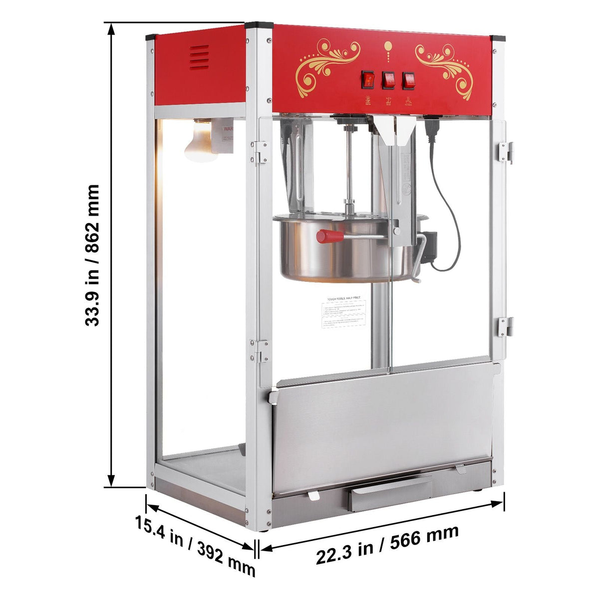 Popcorn Maker, 1615W Popcorn Popper Machine, 16 Oz Kettle Large Capacity Countertop Popcorn Maker with Tempered Glass, Includes 3 Stainless Steel Scoops, Movie Theater Style, Red