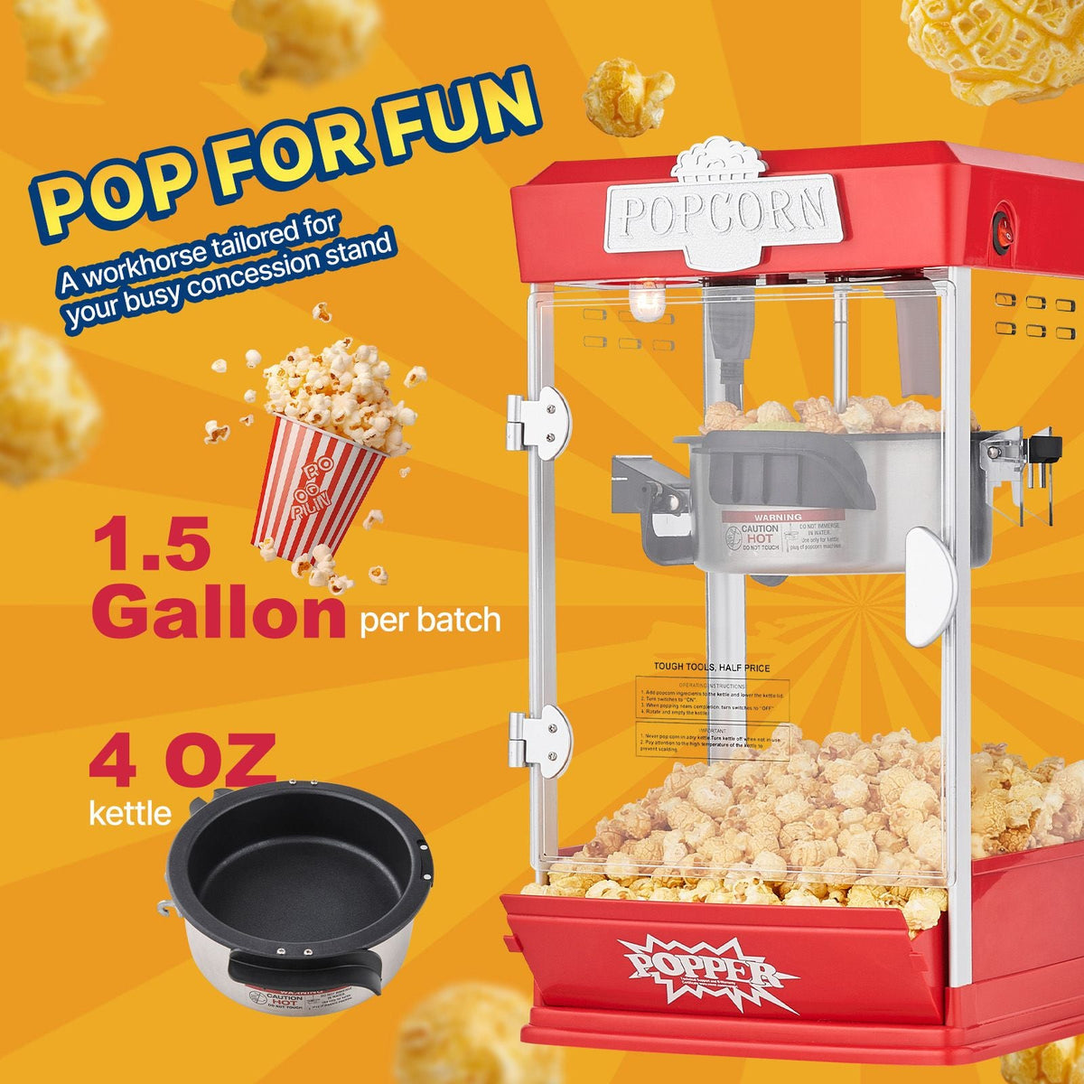 Popcorn Maker, 480W Popcorn Popper Machine, 4 Oz Kettle Makes 1.5 Gallon per Batch, Tabletop Popcorn Maker, Includes 3 Scoops, Movie Theater Style, Red