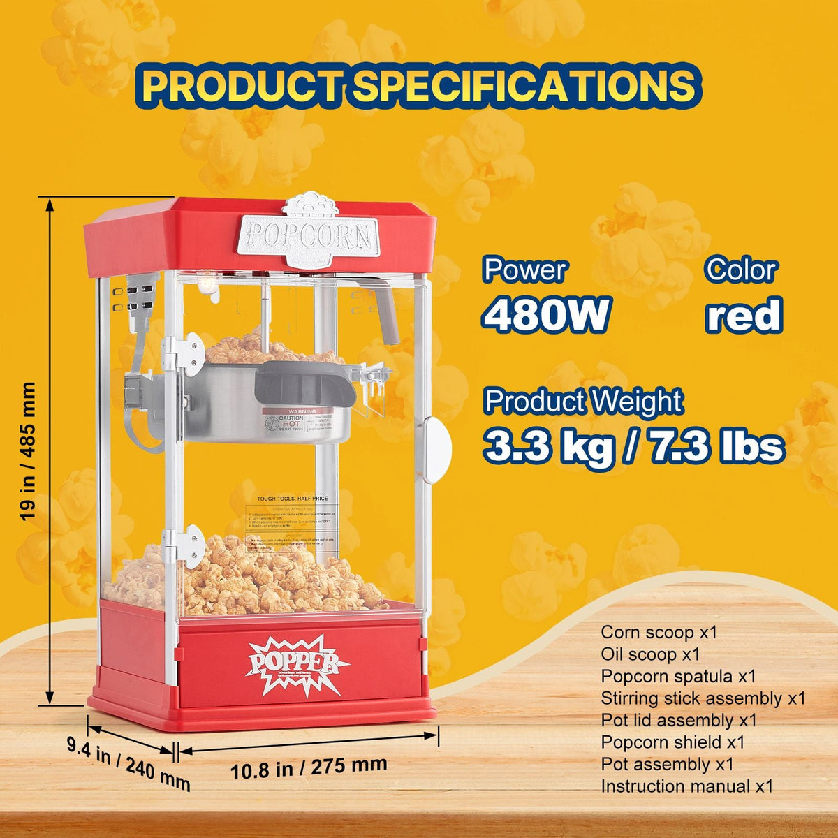 Popcorn Maker, 480W Popcorn Popper Machine, 4 Oz Kettle Makes 1.5 Gallon per Batch, Tabletop Popcorn Maker, Includes 3 Scoops, Movie Theater Style, Red