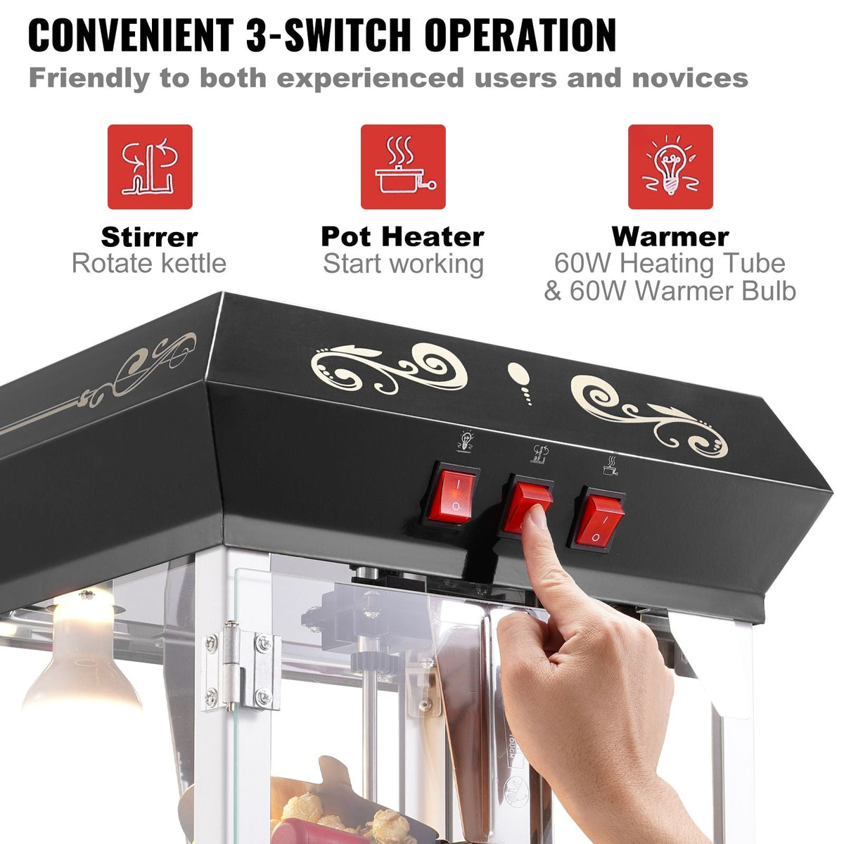 Popcorn Maker, 850W Popcorn Popper Machine, 8 Oz Kettle Makes 48 Cups per Batch, Countertop Popcorn Maker with Tempered Glass, Includes 4 Scoops, Movie Theater Style, Black