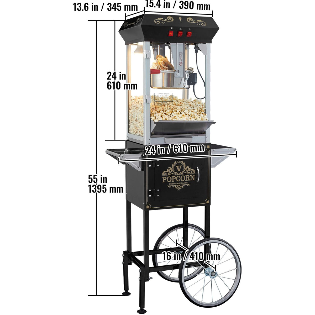 Popcorn Maker with Cart, 850W Popcorn Popper Machine, 8 Oz Kettle Makes 48 Cups per Batch, Popcorn Maker Equipped with Tempered Glass, Includes 4 Scoops, Movie Theater Style, Black