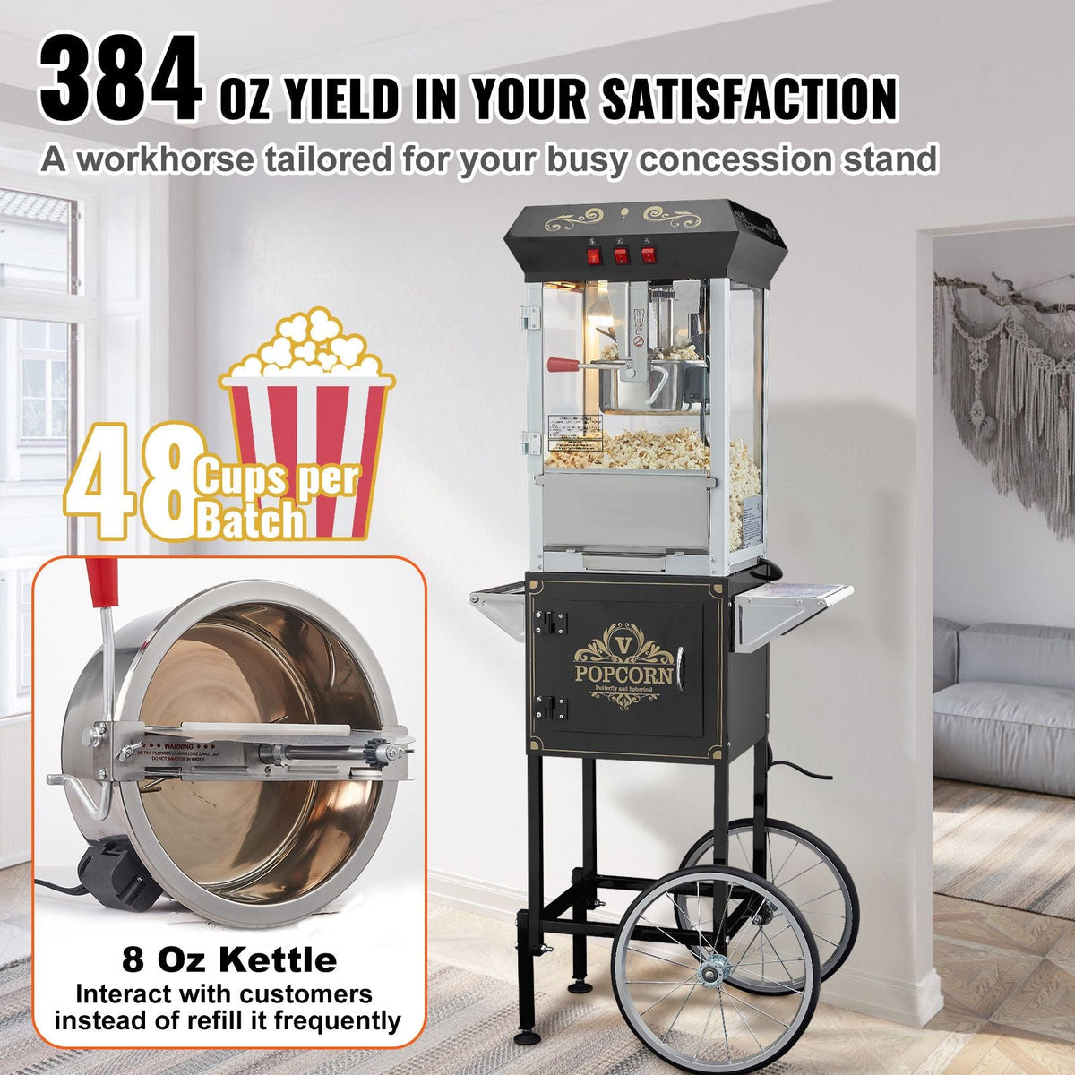 Popcorn Maker with Cart, 850W Popcorn Popper Machine, 8 Oz Kettle Makes 48 Cups per Batch, Popcorn Maker Equipped with Tempered Glass, Includes 4 Scoops, Movie Theater Style, Black
