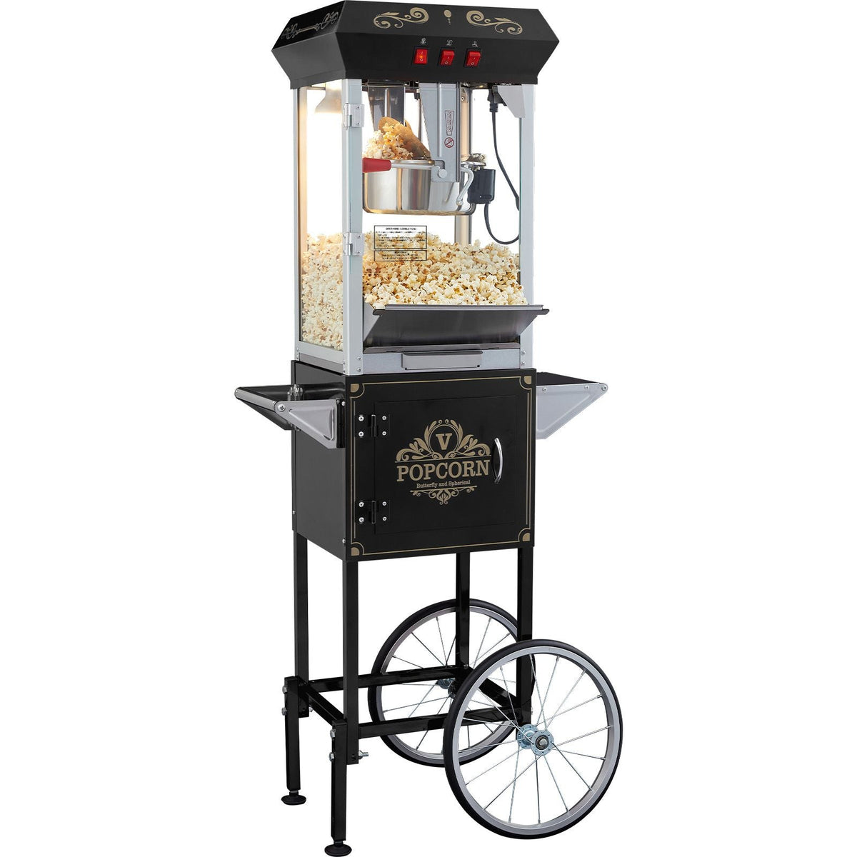 Popcorn Maker with Cart, 850W Popcorn Popper Machine, 8 Oz Kettle Makes 48 Cups per Batch, Popcorn Maker Equipped with Tempered Glass, Includes 4 Scoops, Movie Theater Style, Black