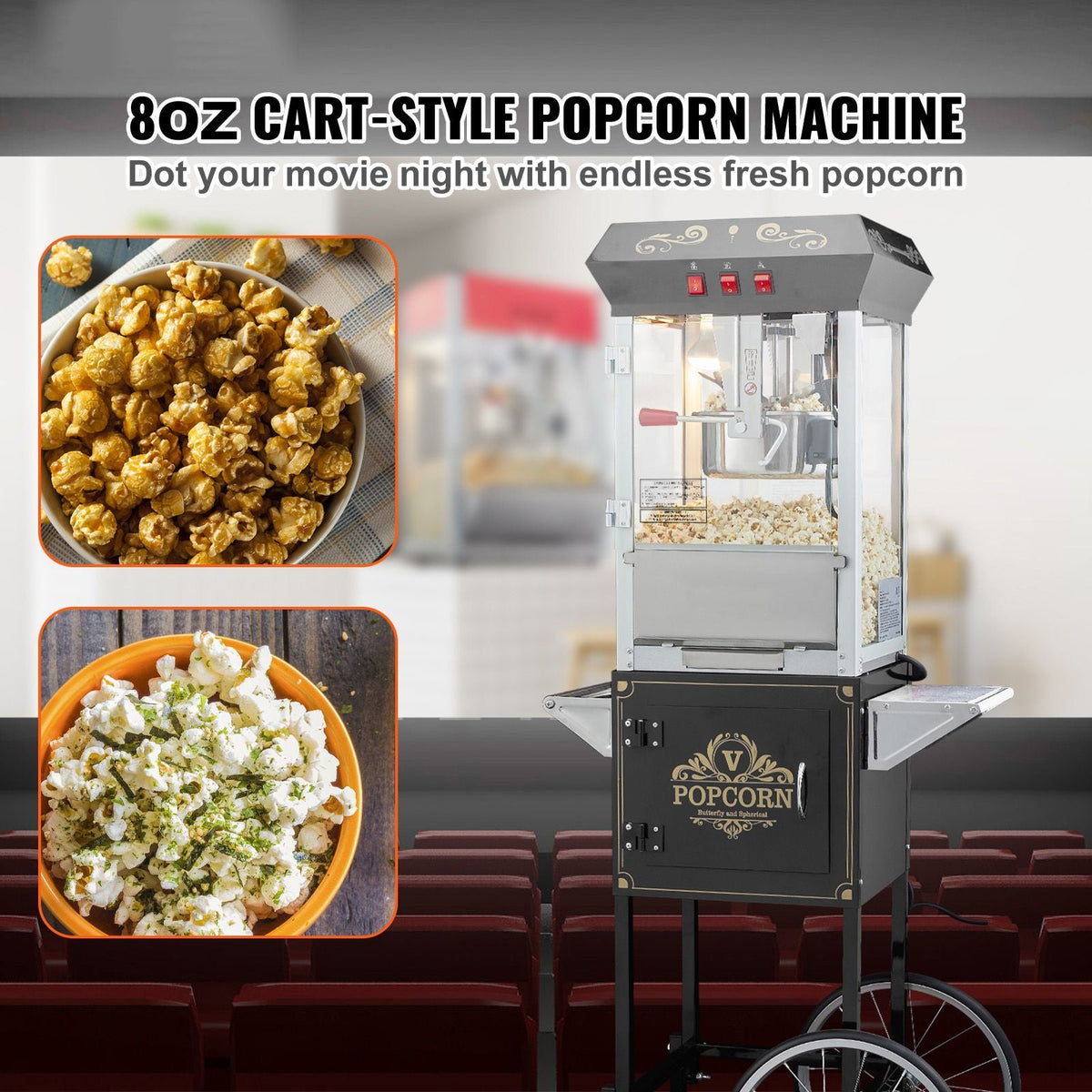 Popcorn Maker with Cart, 850W Popcorn Popper Machine, 8 Oz Kettle Makes 48 Cups per Batch, Popcorn Maker Equipped with Tempered Glass, Includes 4 Scoops, Movie Theater Style, Black