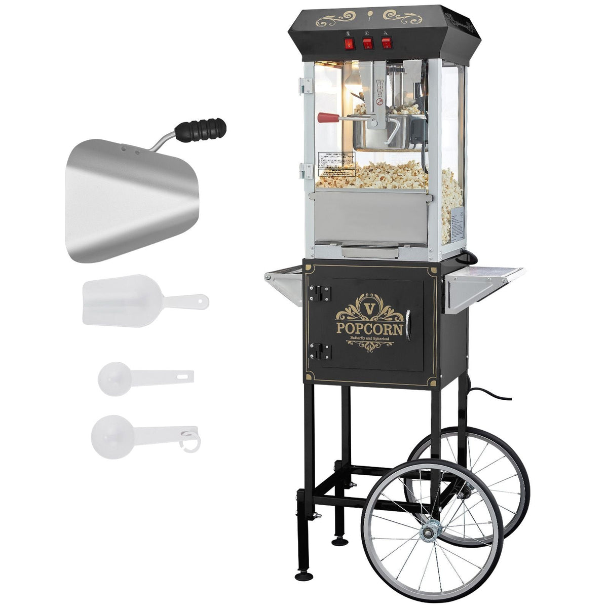 Popcorn Maker with Cart, 850W Popcorn Popper Machine, 8 Oz Kettle Makes 48 Cups per Batch, Popcorn Maker Equipped with Tempered Glass, Includes 4 Scoops, Movie Theater Style, Black