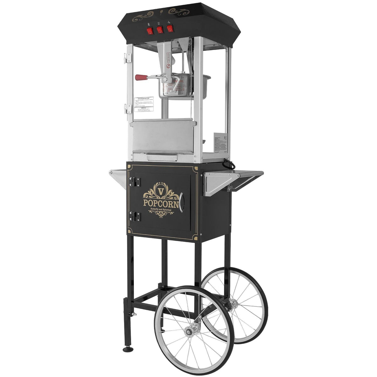 Popcorn Maker with Cart, 850W Popcorn Popper Machine, 8 Oz Kettle Makes 48 Cups per Batch, Popcorn Maker Equipped with Tempered Glass, Includes 4 Scoops, Movie Theater Style, Black