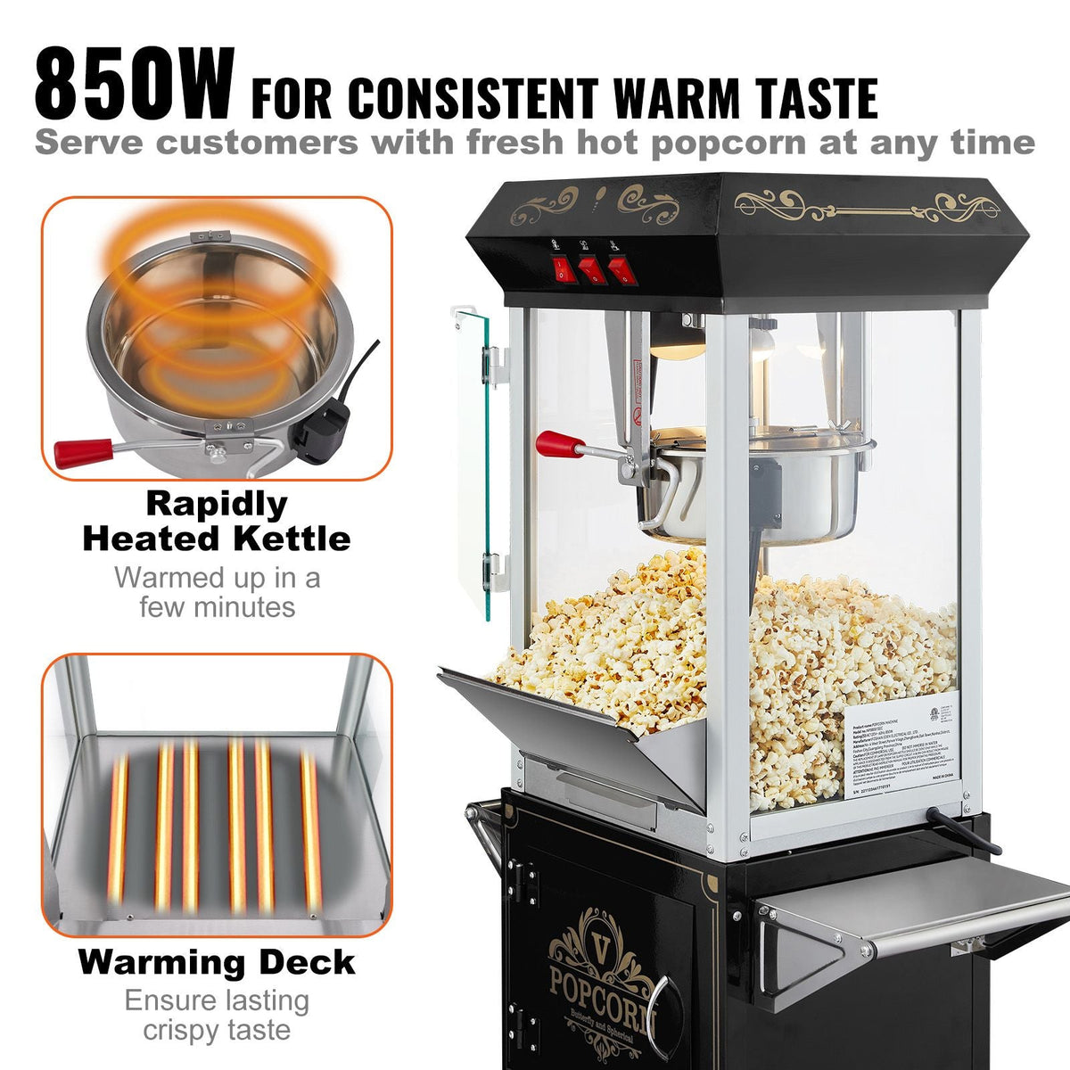 Popcorn Maker with Cart, 850W Popcorn Popper Machine, 8 Oz Kettle Makes 48 Cups per Batch, Popcorn Maker Equipped with Tempered Glass, Includes 4 Scoops, Movie Theater Style, Black