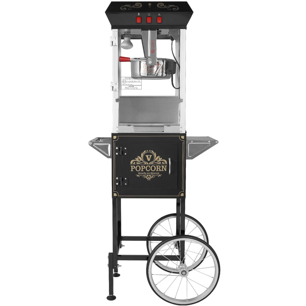 Popcorn Maker with Cart, 850W Popcorn Popper Machine, 8 Oz Kettle Makes 48 Cups per Batch, Popcorn Maker Equipped with Tempered Glass, Includes 4 Scoops, Movie Theater Style, Black