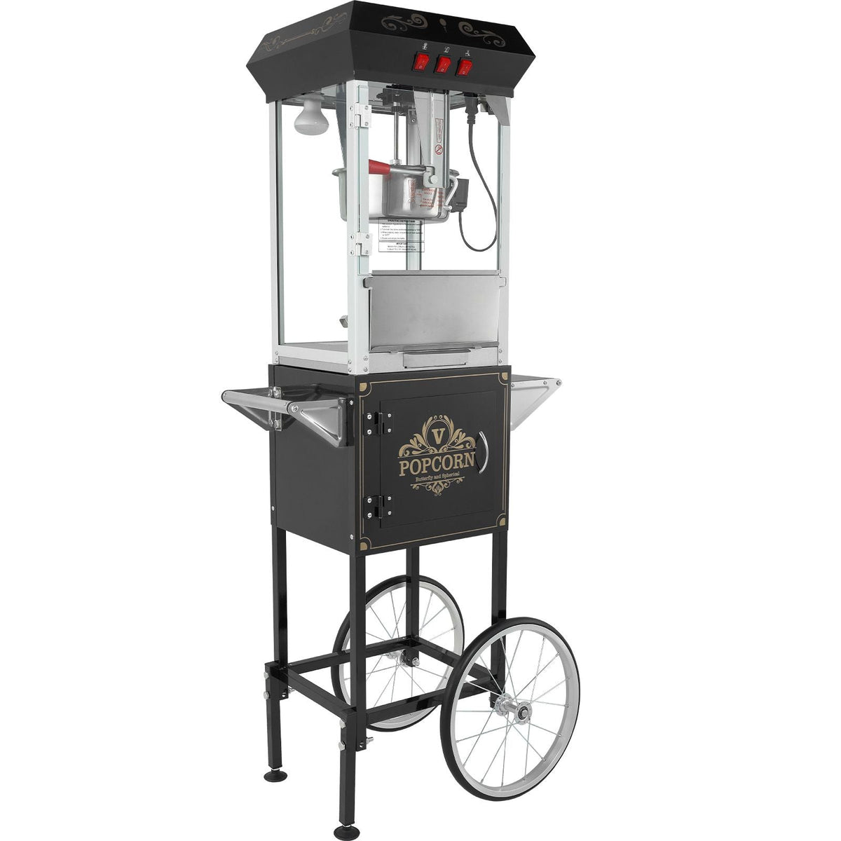 Popcorn Maker with Cart, 850W Popcorn Popper Machine, 8 Oz Kettle Makes 48 Cups per Batch, Popcorn Maker Equipped with Tempered Glass, Includes 4 Scoops, Movie Theater Style, Black