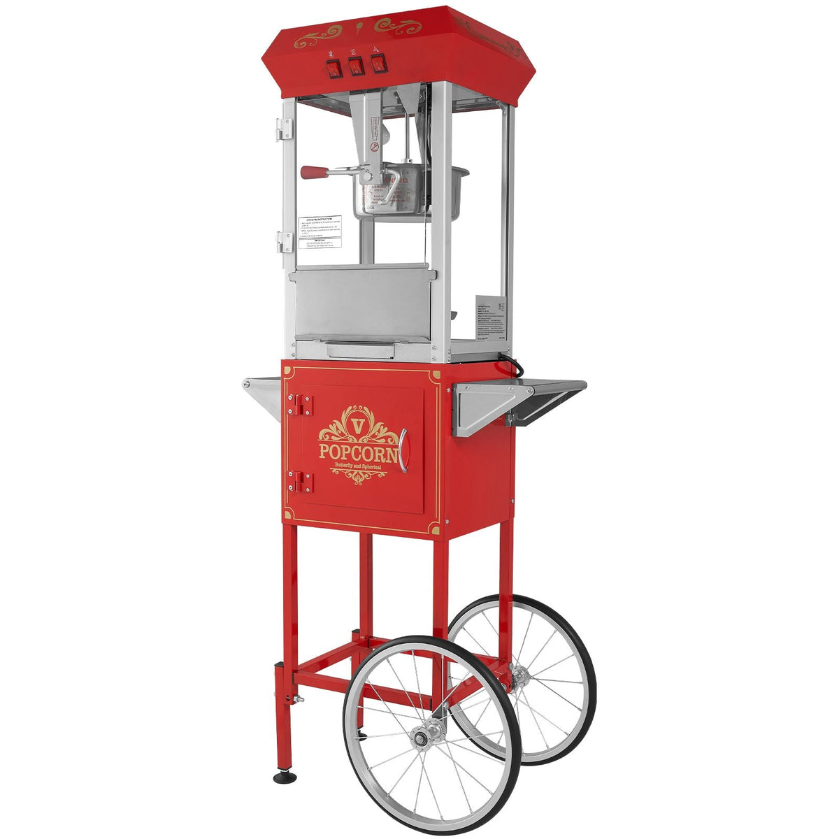 Popcorn Maker with Cart, 850W Popcorn Popper Machine, 8 Oz Kettle Makes 48 Cups per Batch, Popcorn Maker Equipped with Tempered Glass, Includes 4 Scoops, Movie Theater Style, Red