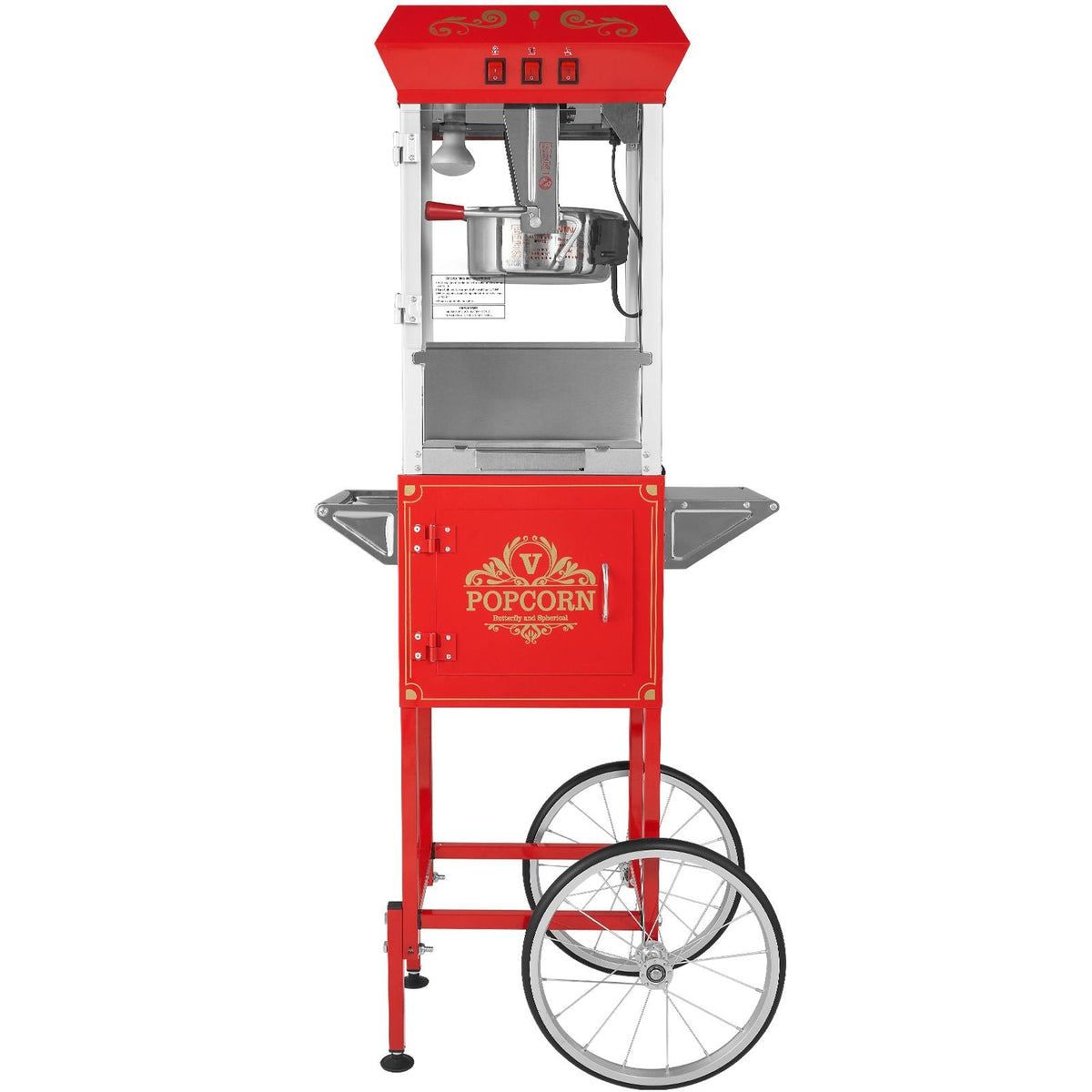 Popcorn Maker with Cart, 850W Popcorn Popper Machine, 8 Oz Kettle Makes 48 Cups per Batch, Popcorn Maker Equipped with Tempered Glass, Includes 4 Scoops, Movie Theater Style, Red