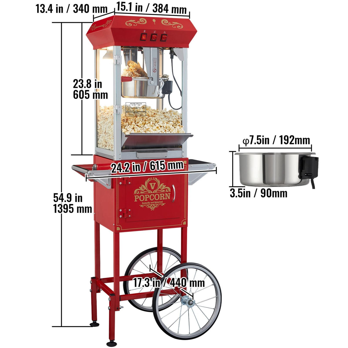 Popcorn Maker with Cart, 850W Popcorn Popper Machine, 8 Oz Kettle Makes 48 Cups per Batch, Popcorn Maker Equipped with Tempered Glass, Includes 4 Scoops, Movie Theater Style, Red