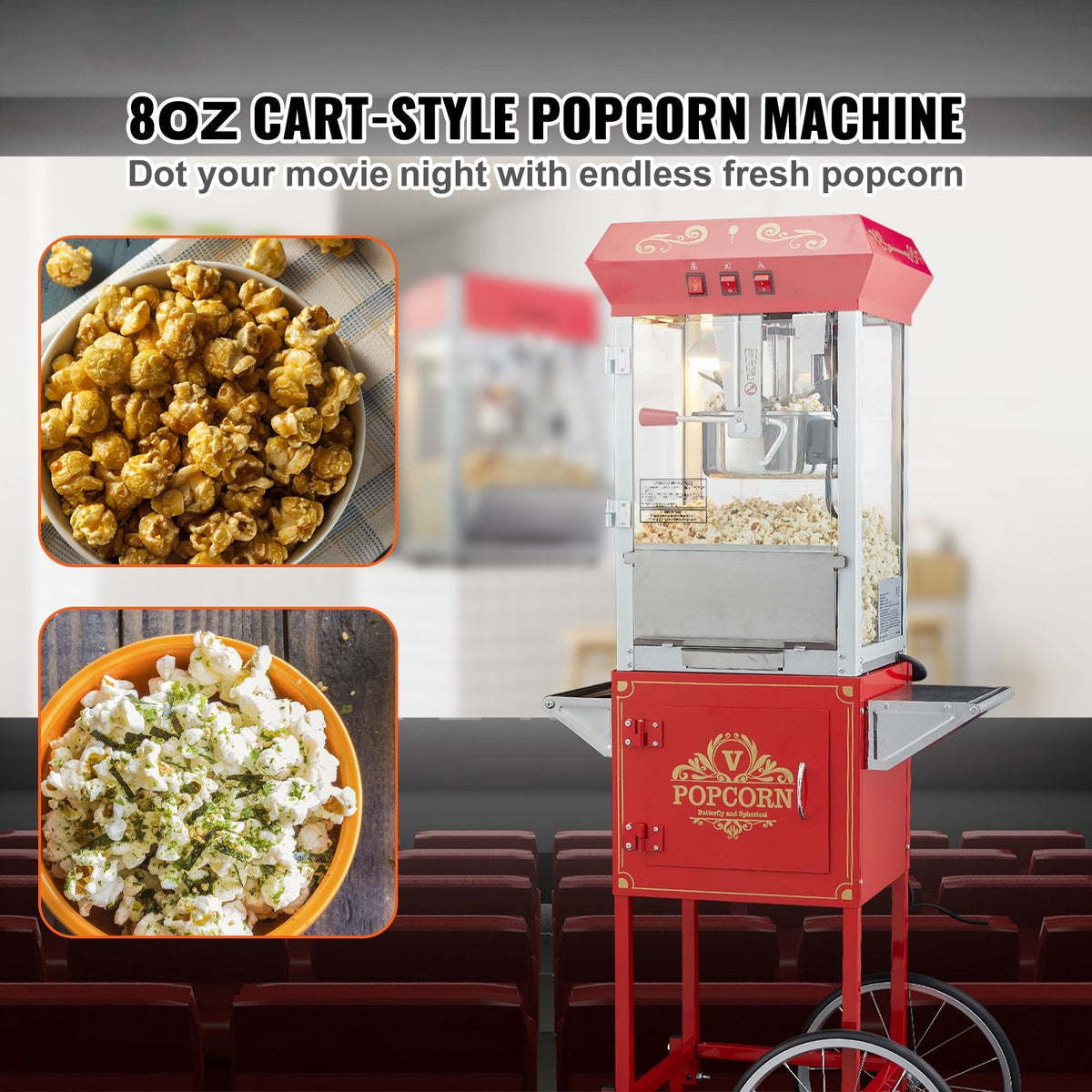 Popcorn Maker with Cart, 850W Popcorn Popper Machine, 8 Oz Kettle Makes 48 Cups per Batch, Popcorn Maker Equipped with Tempered Glass, Includes 4 Scoops, Movie Theater Style, Red