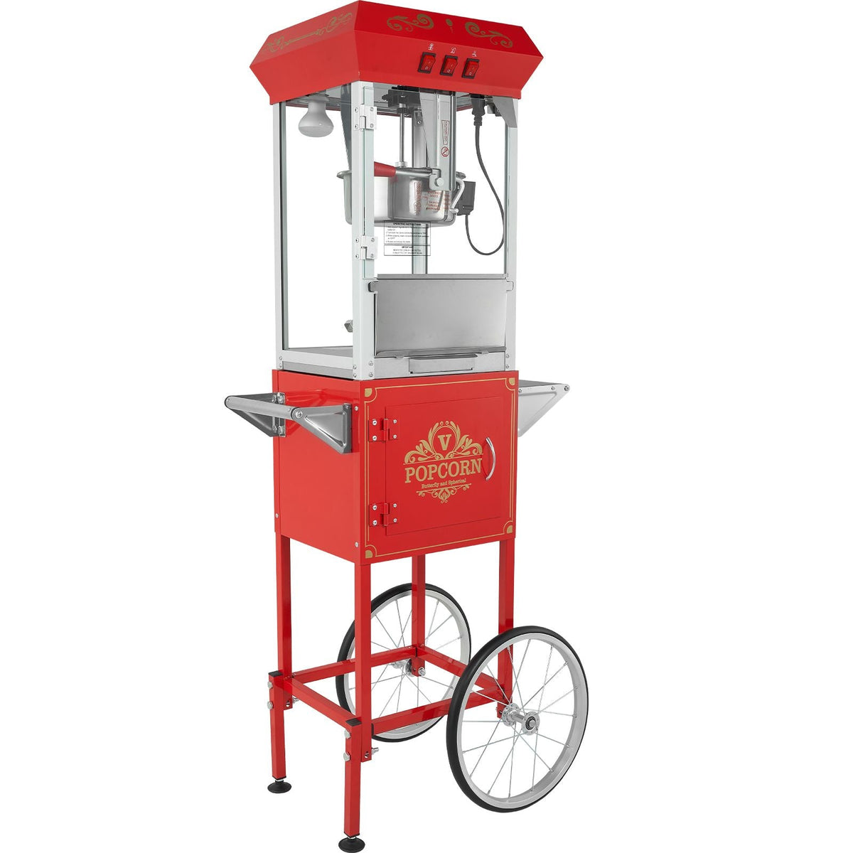 Popcorn Maker with Cart, 850W Popcorn Popper Machine, 8 Oz Kettle Makes 48 Cups per Batch, Popcorn Maker Equipped with Tempered Glass, Includes 4 Scoops, Movie Theater Style, Red