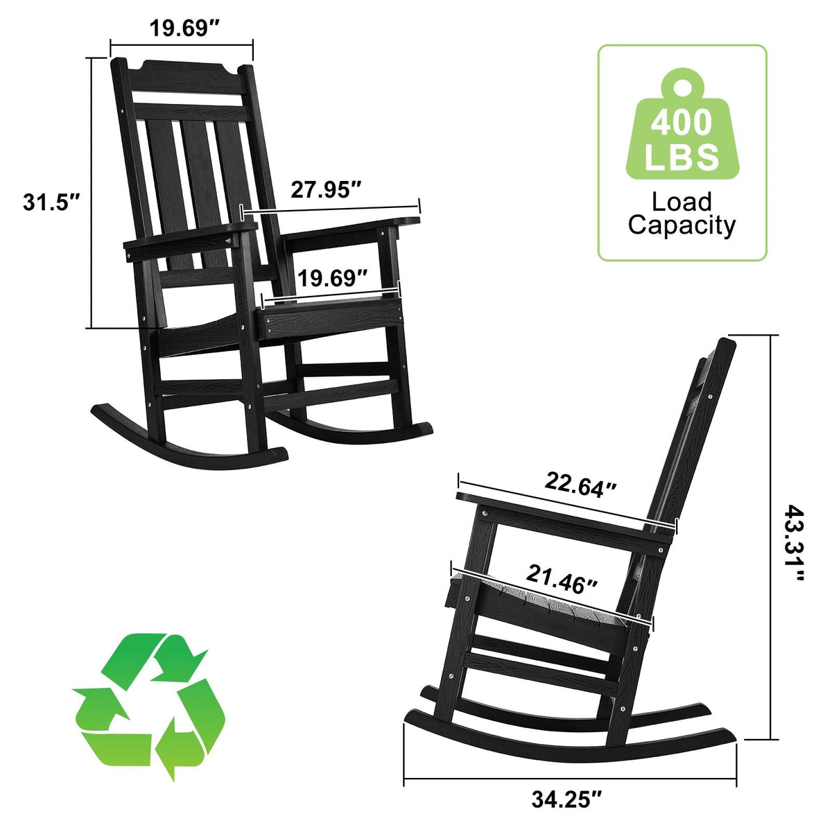 Porch Rocker, HIPS Outdoor Rocking Chair, High Back Patio Rocking Chair with Smooth Armrests, Supports up to 400 lbs, for Garden, Balcony, Porch, Black