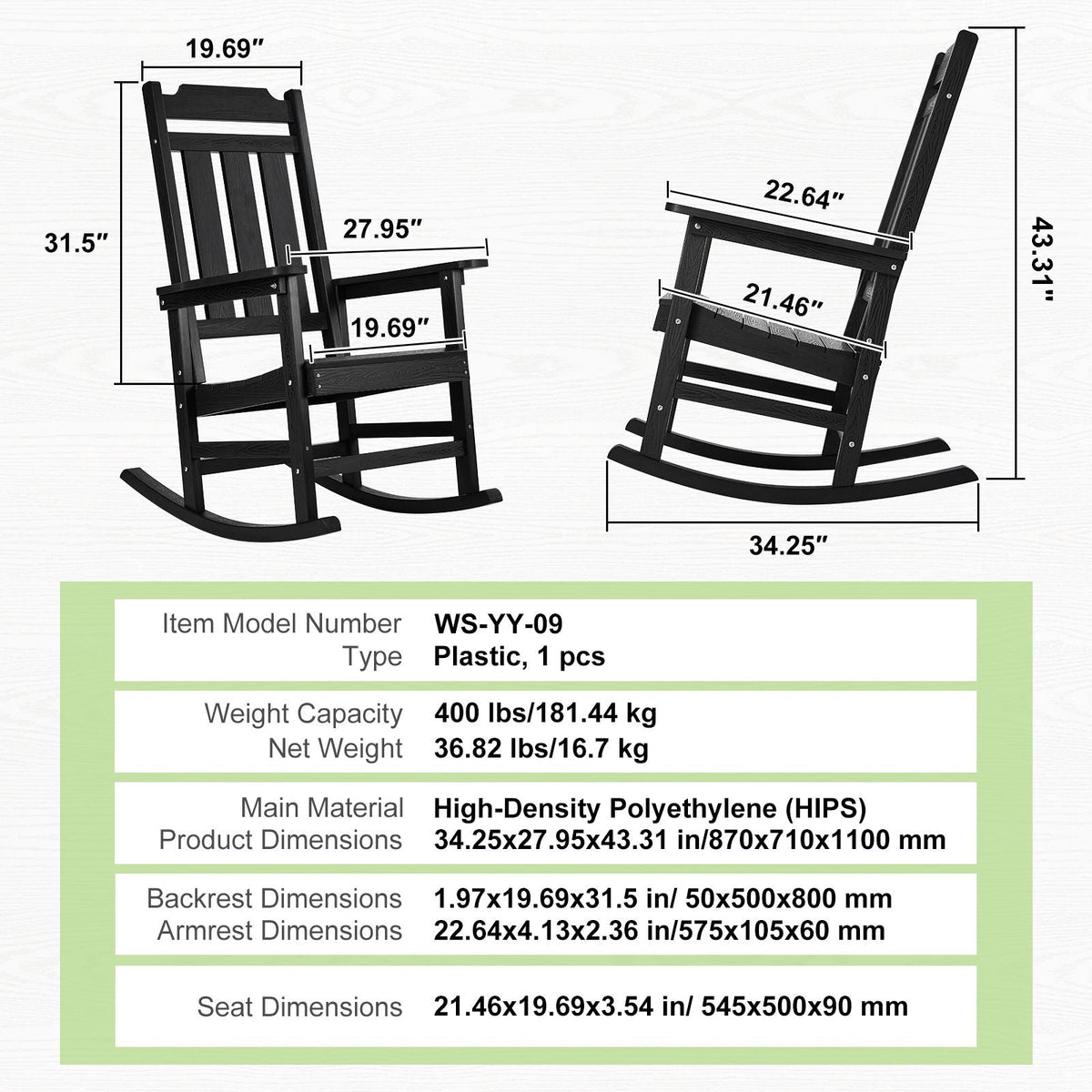 Porch Rocker, HIPS Outdoor Rocking Chair, High Back Patio Rocking Chair with Smooth Armrests, Supports up to 400 lbs, for Garden, Balcony, Porch, Black