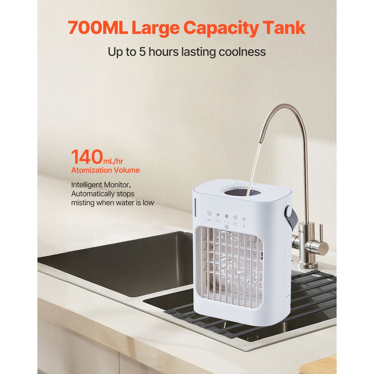 Portable Air Conditioner, 4-in-1 Evaporative Air Cooler, 3-Speed Mini Air Conditioner with 0-7H Smart Timer, 700ml Water Tank, 7-Color Light, Personal Mini Desk AC Fan for Bedroom Office Room