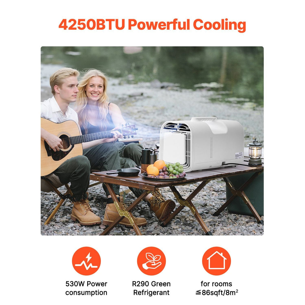 Portable Air Conditioner, 4250 BTU 3-Speed Air Conditioning Unit with 24H Timer, Remote-Control Air Portable AC Adjustable Temp 16-32Celsius, for Outdoor Tent Camping, RVs or Home Use, White