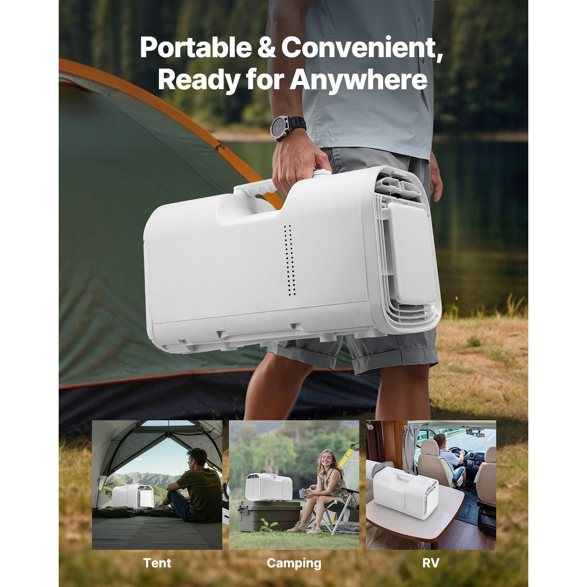 Portable Air Conditioner, 4250 BTU 3-Speed Air Conditioning Unit with 24H Timer, Remote-Control Air Portable AC Adjustable Temp 16-32Celsius, for Outdoor Tent Camping, RVs or Home Use, White
