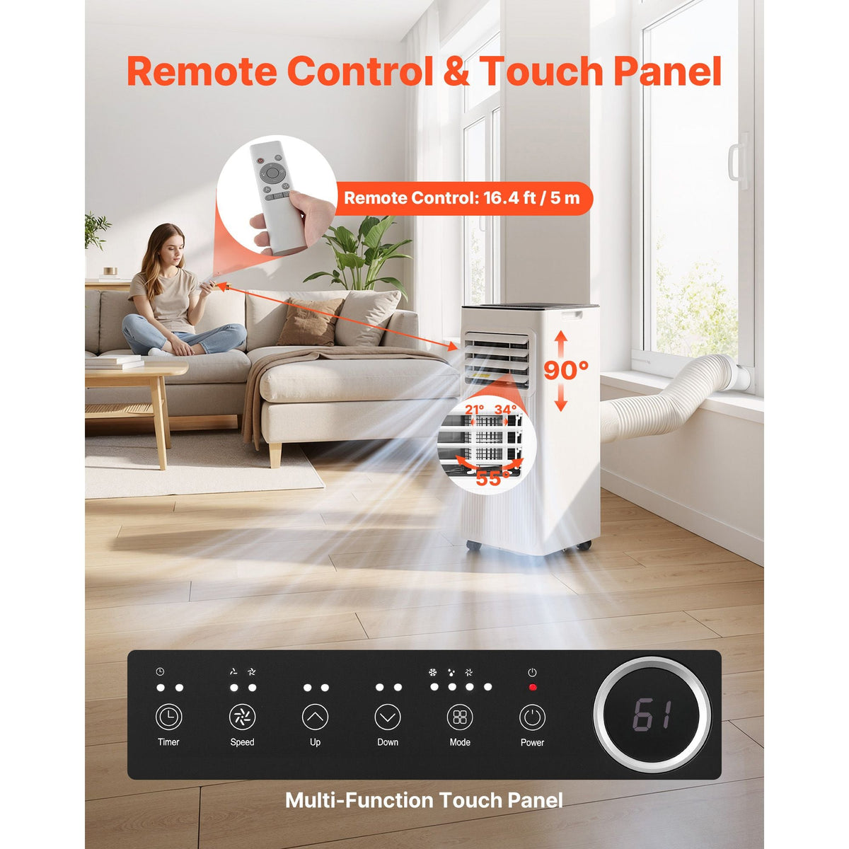 Portable Air Conditioner, 8000 BTU ASHRAE (5000 BTU SACC) 3-in-1 Standing Cooling Ac Unit, with LED Touch Panel & Remote Control, 24h Timer, Cooling, Dehumidifier, Fan for Room Indoor, White