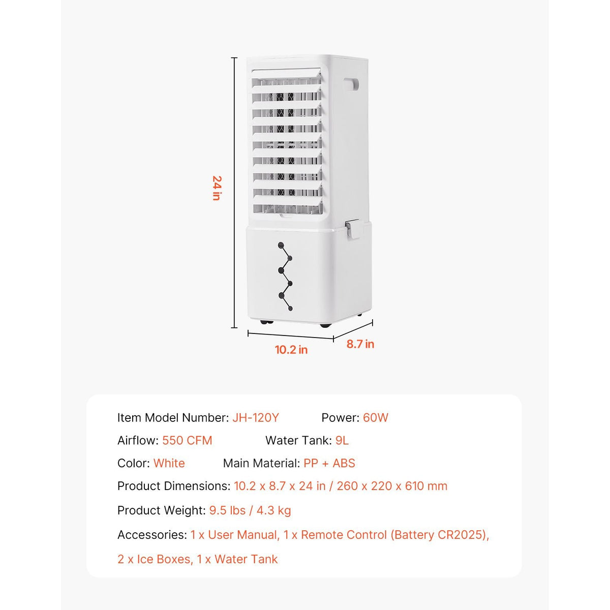 Portable Air Conditioner, 9L 550 CFM Swamp Cooler Air Conditioner with 12H Timer & Remote Control, 3-Speed Evaporative Air Cooler with 2 Ice Boxes, Quiet & Movable, Ideal for Outdoor Indoor Use